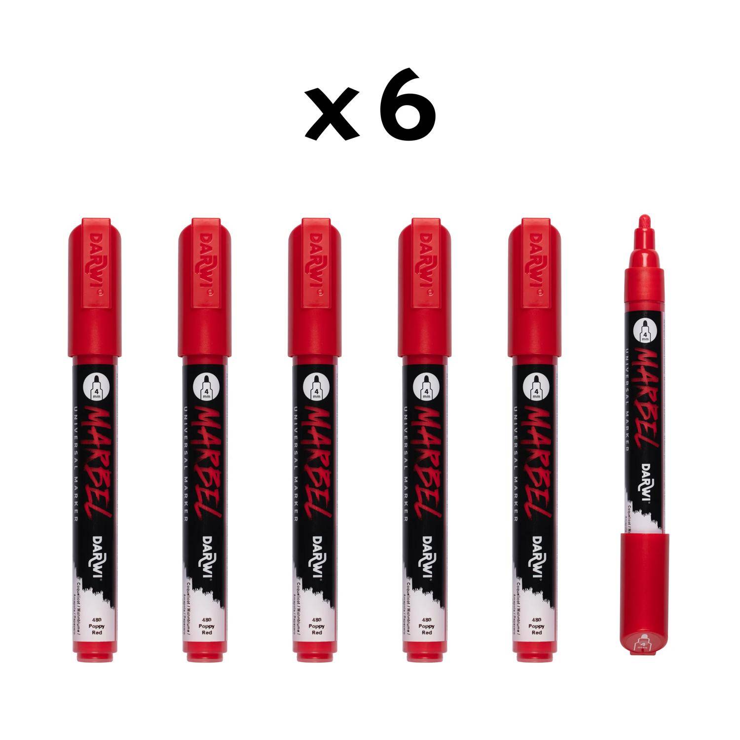 Darwi 6x Universalmarker Acrylfarbe, Rundspitze medium 4mm Mohnrot DA0226004480C