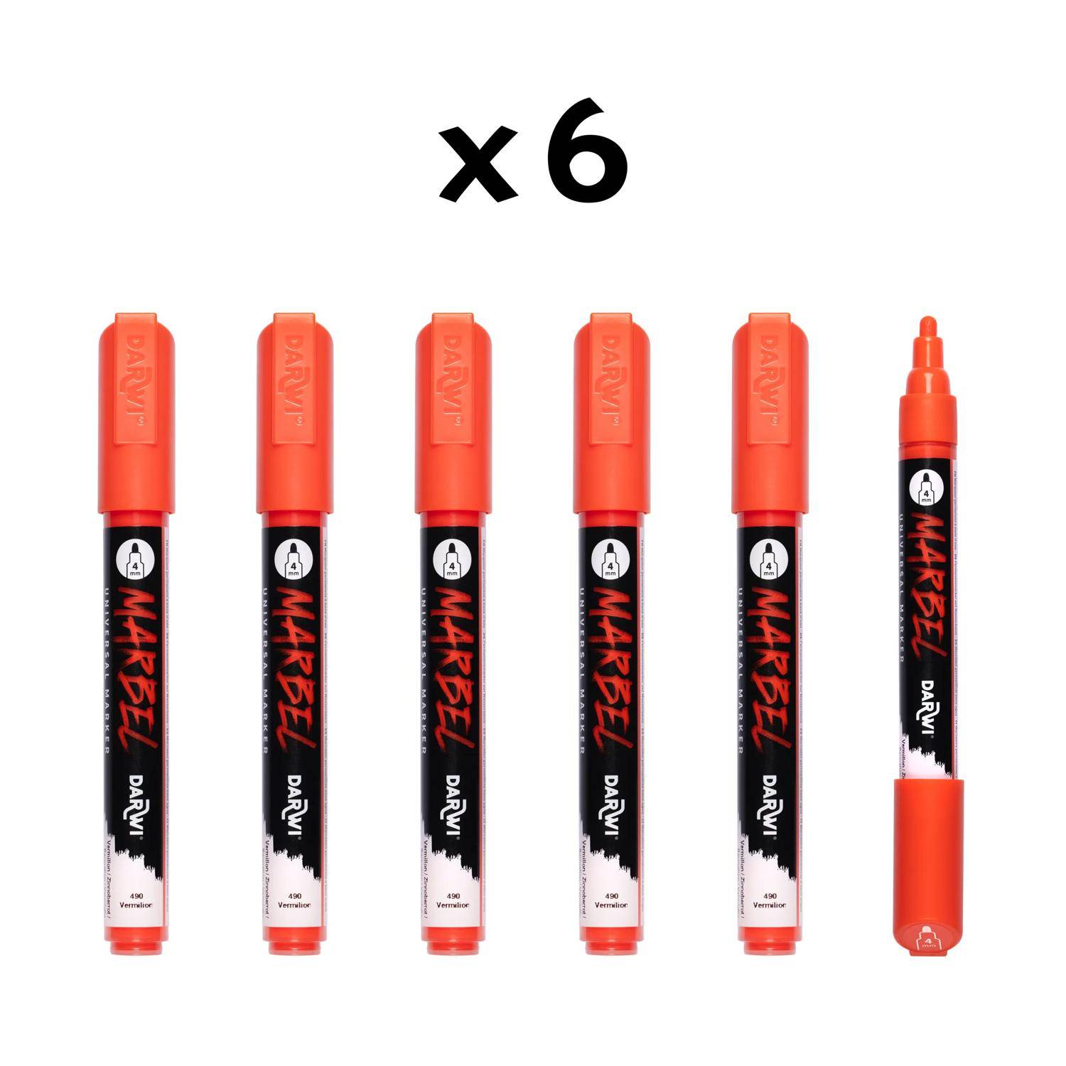 Darwi 6x Marker Acrylfarbe, Rundspitze medium 4mm Zinnober DA0226004490C