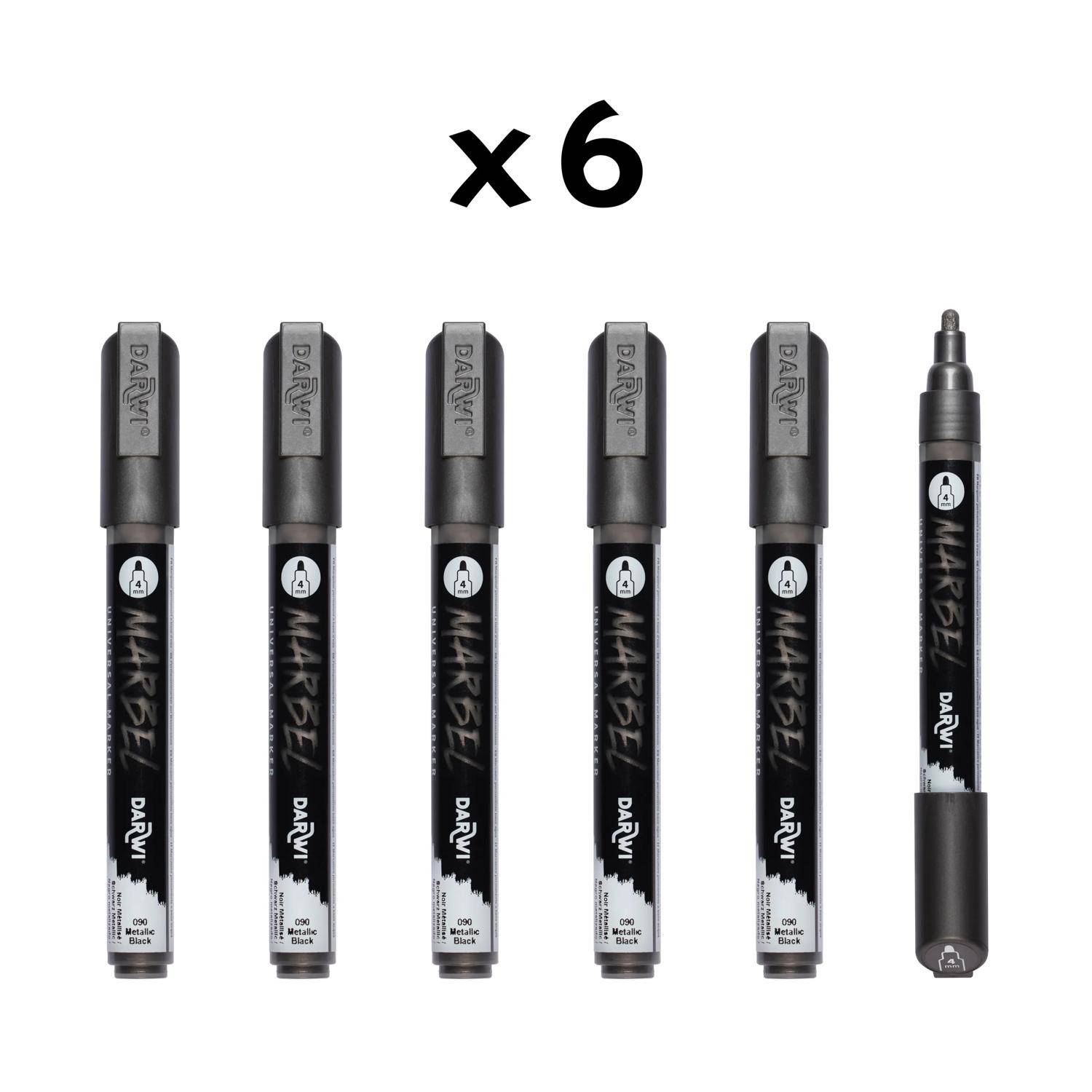 Darwi 6x Marker Acrylfarbe, Rundspitze medium 4mm Metallic-Schwarz DA0236004090C