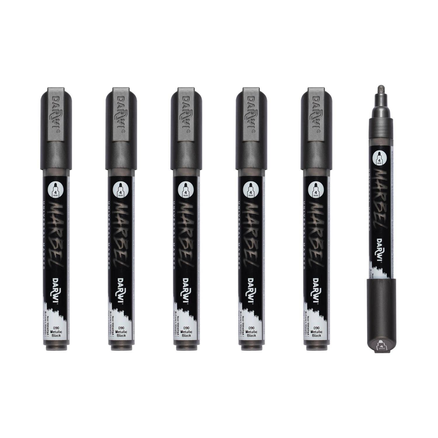 Darwi 6x Marker Acrylfarbe, Rundspitze medium 4mm Metallic-Schwarz DA0236004090C