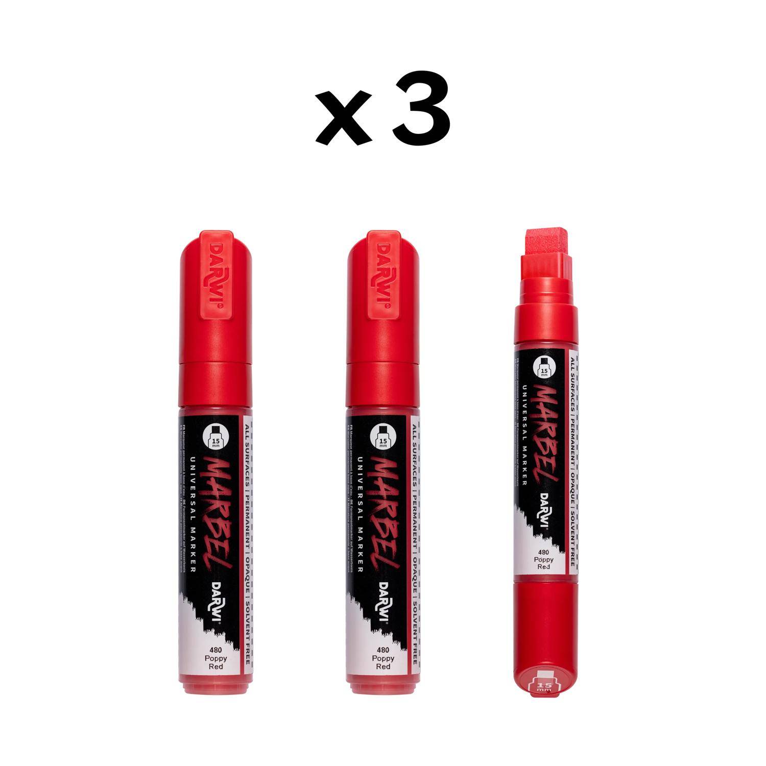 Darwi 3x Marker Acrylfarbe, rechteckige breite Spitze 15mm Mohnrot DA0222015480C