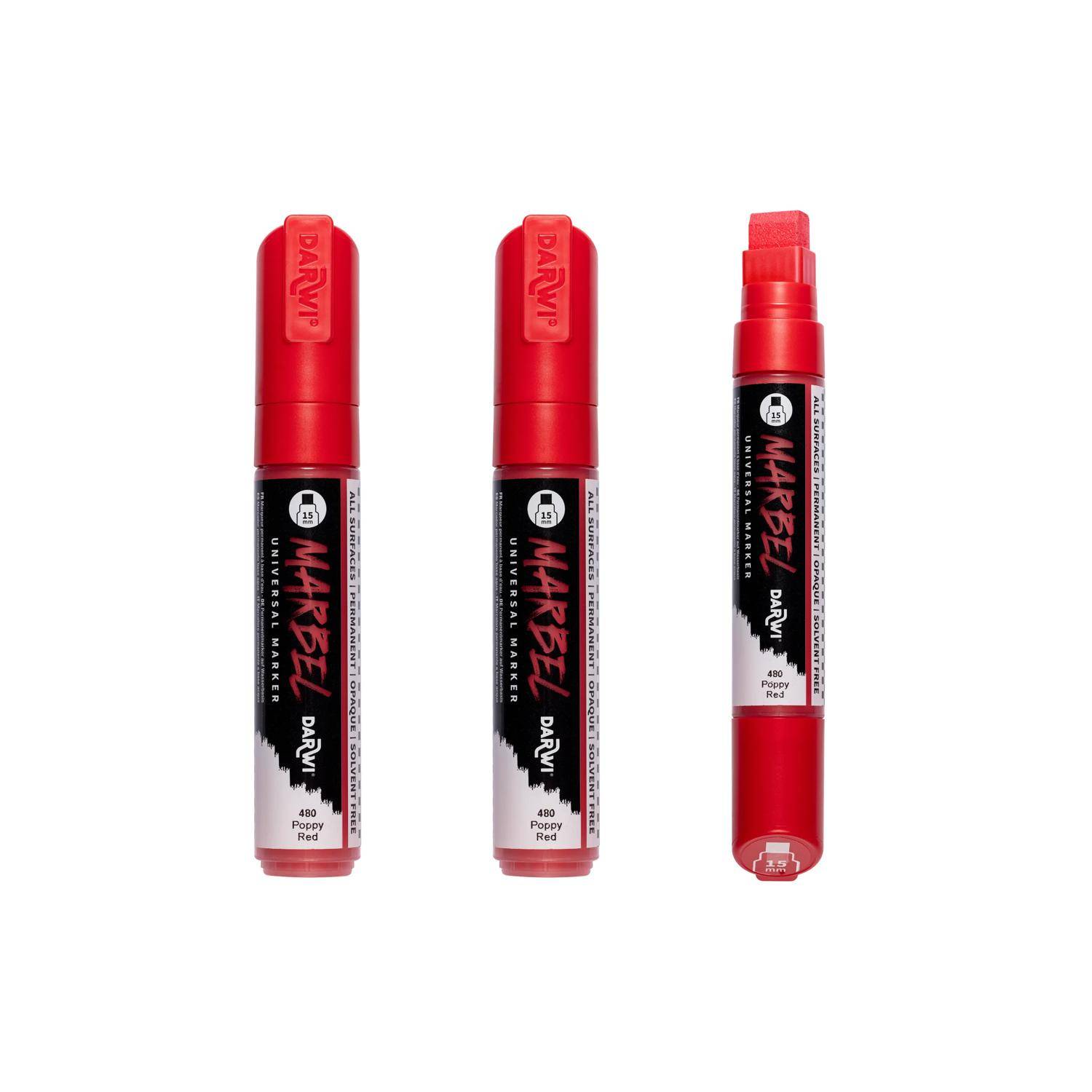 Darwi 3x Marker Acrylfarbe, rechteckige breite Spitze 15mm Mohnrot DA0222015480C