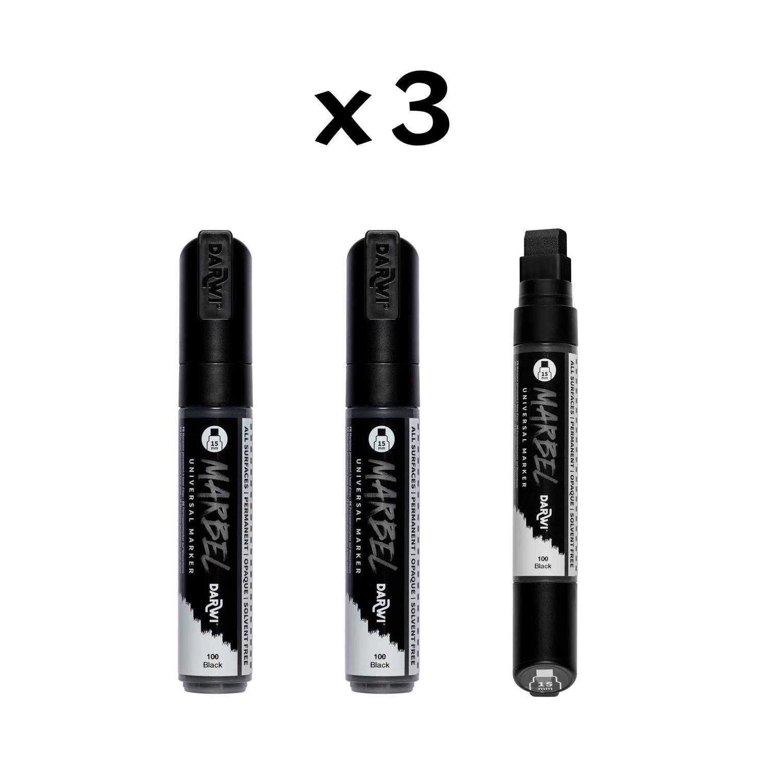 Darwi 3x Marker Acrylfarbe, rechteckige breite Spitze 15mm Schwarz DA0222015100C