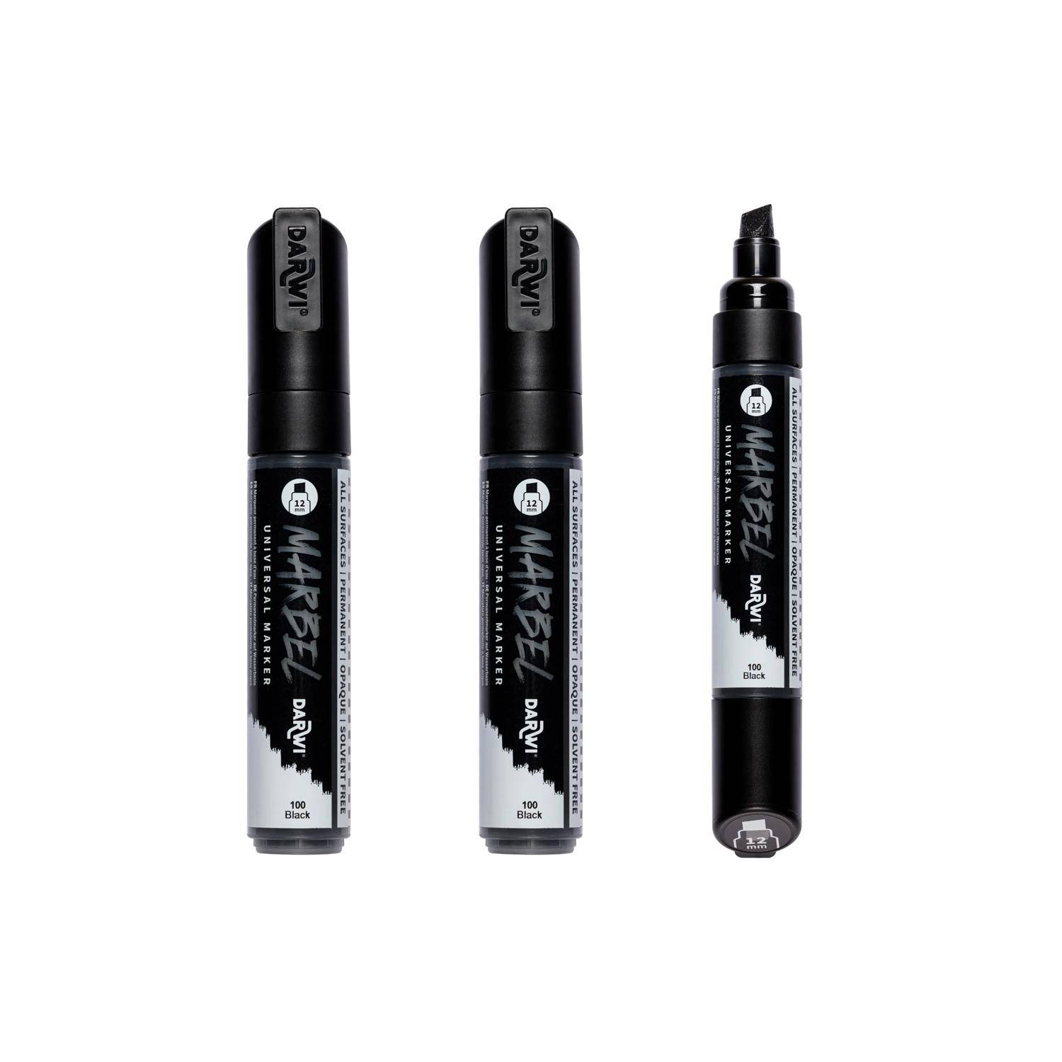 Darwi 3x Marker Acrylfarbe, breite Keilspitze 12mm Schwarz DA0222012100C