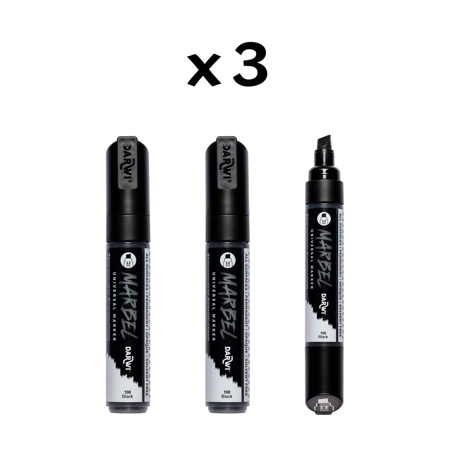 Darwi 3x Marker Acrylfarbe, breite Keilspitze 12mm Schwarz DA0222012100C