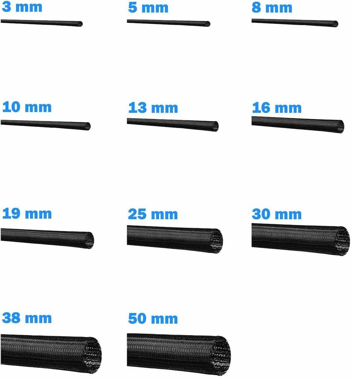 Kabelschutzschläuche in verschiedenen Durchmessern: 10 mm, 13 mm, 16 mm, 19 mm, 25 mm, 30 mm, 38 mm, 50 mm. Hergestellt aus schwarzem Geflechtmaterial.