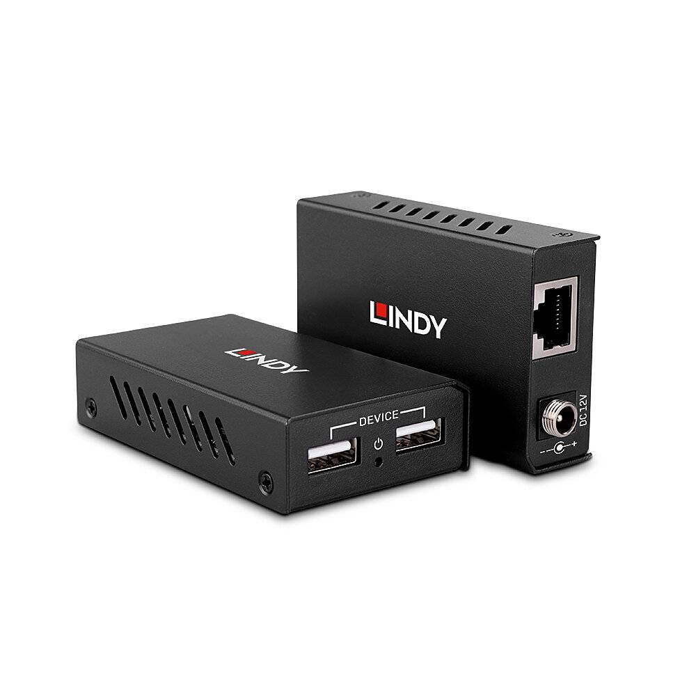 Zwei schwarze LINDY Netzwerk-Extender-Boxen, eine mit Ethernet- und Stromanschlüssen, eine mit der Bezeichnung 