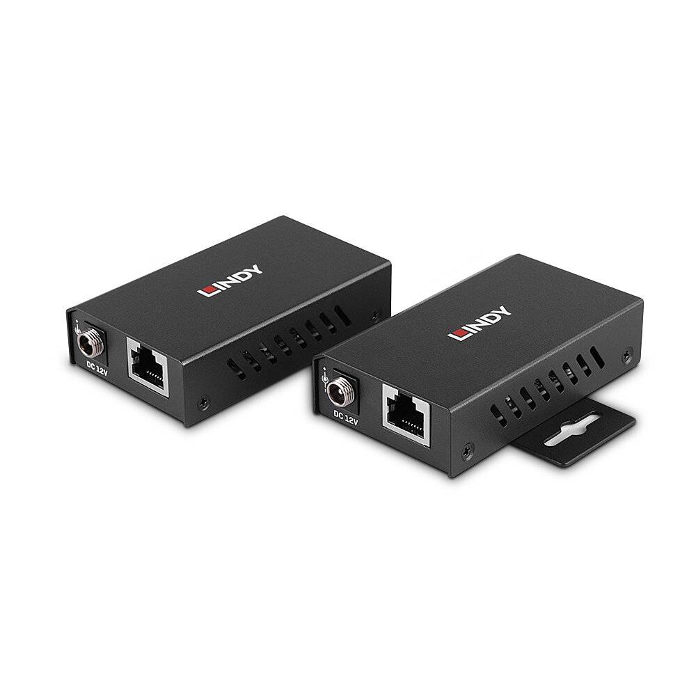 Zwei schwarze Lindy Netzwerk-Adapter-Boxen mit Stromversorgungs- und Ethernet-Anschlüssen, eine mit einer angebrachten Befestigungshalterung gezeigt.