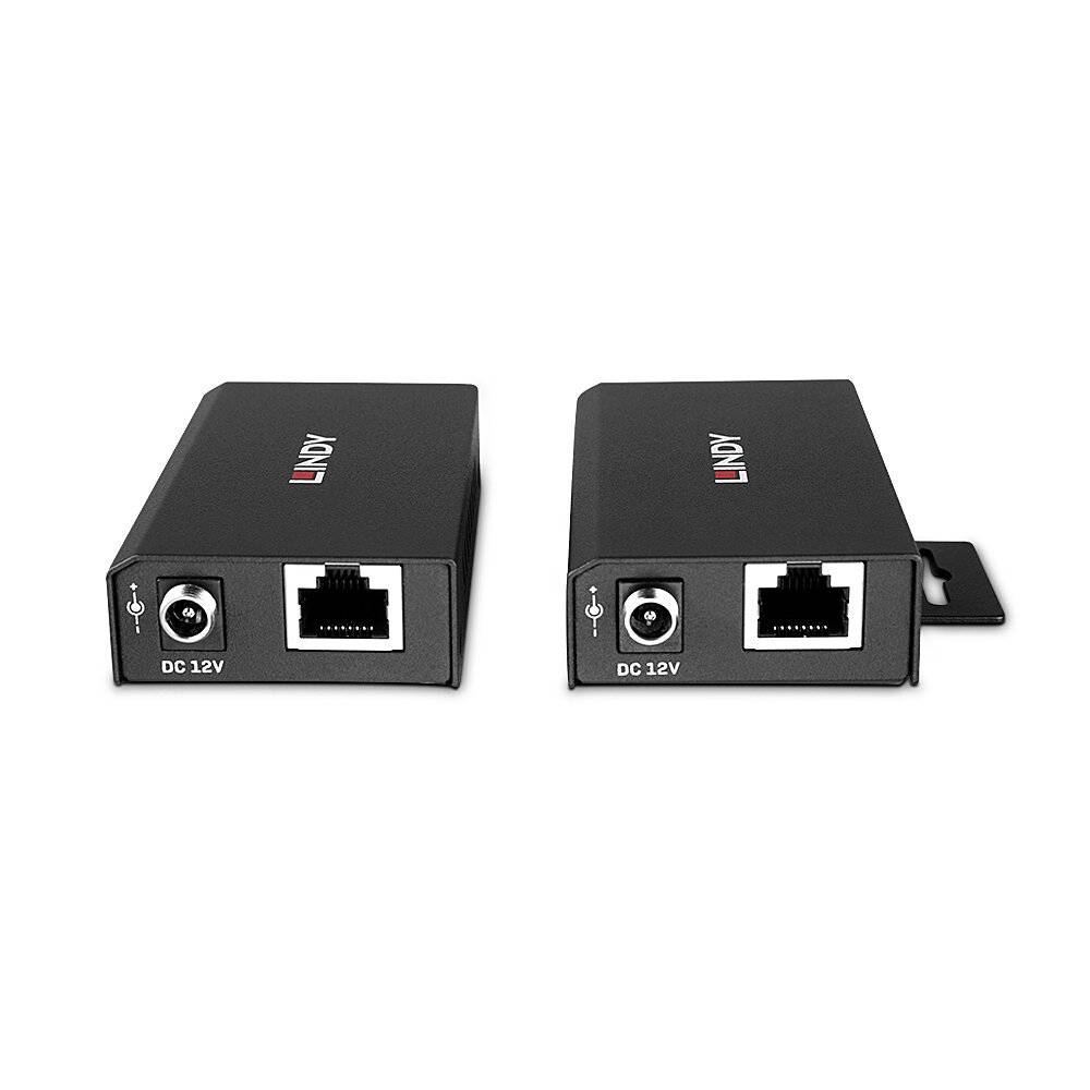 Zwei schwarze LINY Stromversorgung/Internet-Adapterkästen in Vorderansicht, jeweils mit einer DC-12V-Buchse und einem Ethernet-Port auf weißem Hintergrund.
