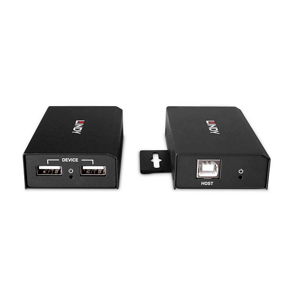 Zwei schwarze USB-Adapter-Boxen von vorne und hinten; eine Seite hat zwei 
