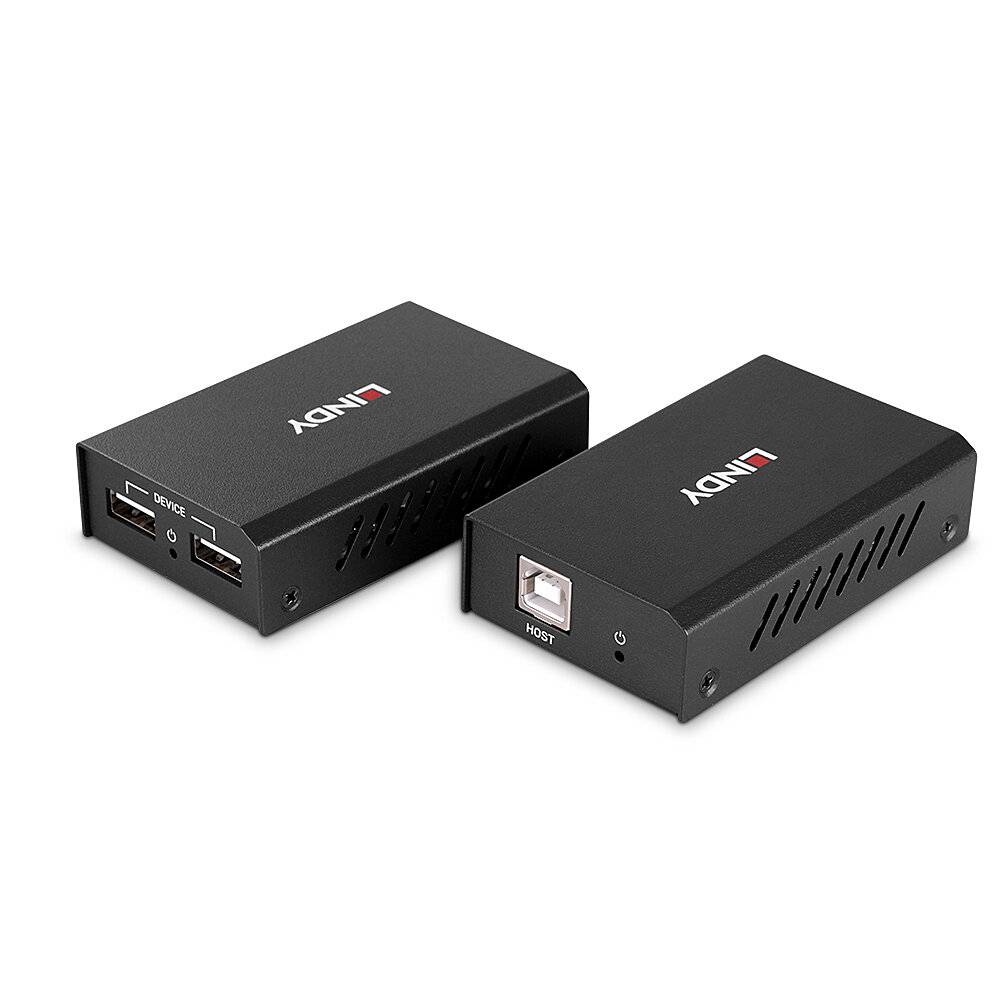 Zwei schwarze USB-Geräteboxen der Marke INI, eine mit der Aufschrift „HOST
