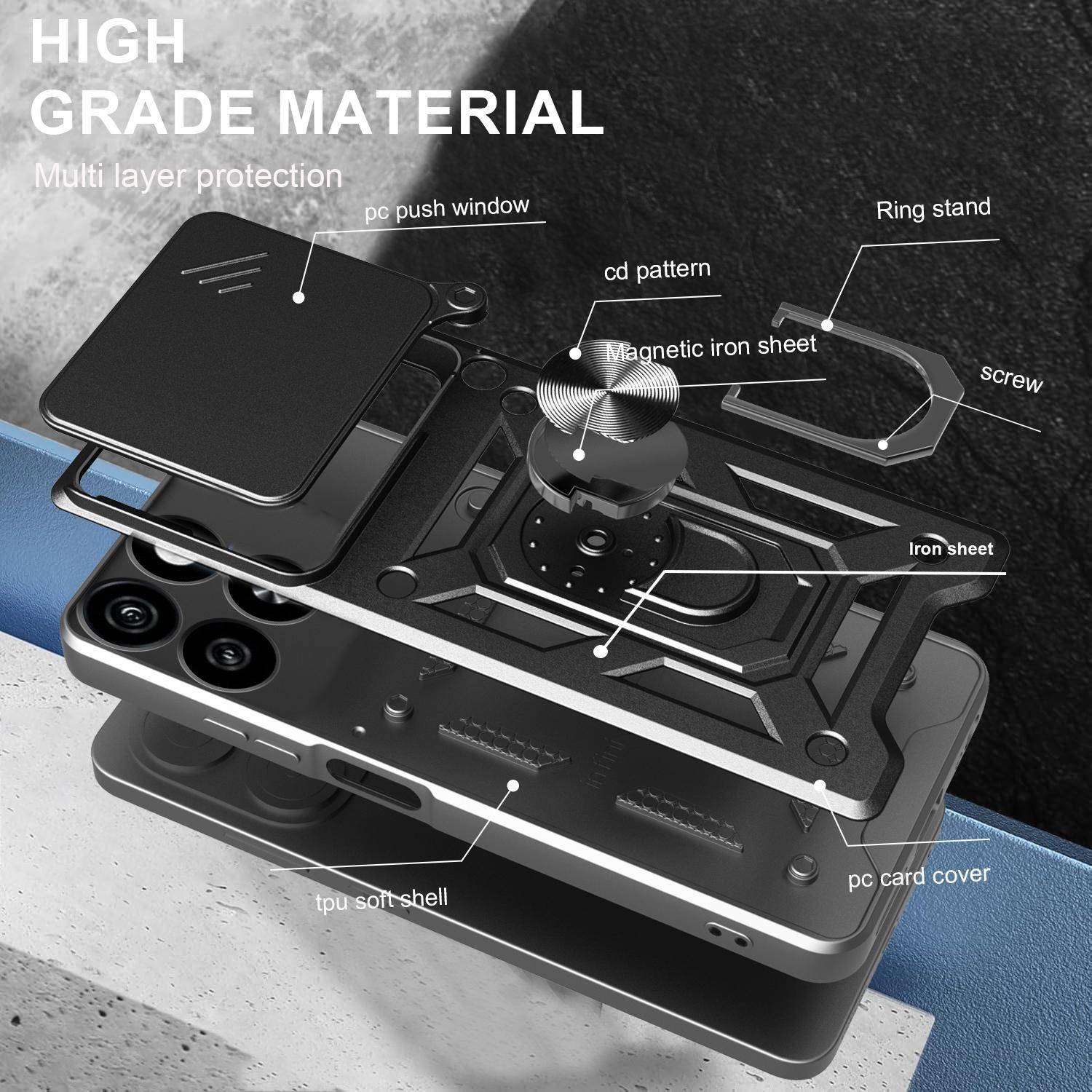 Für ZTE Blade A35 4G / A55 4G Sliding Kamera Hybrid Schutz Hülle Ring Schwarz