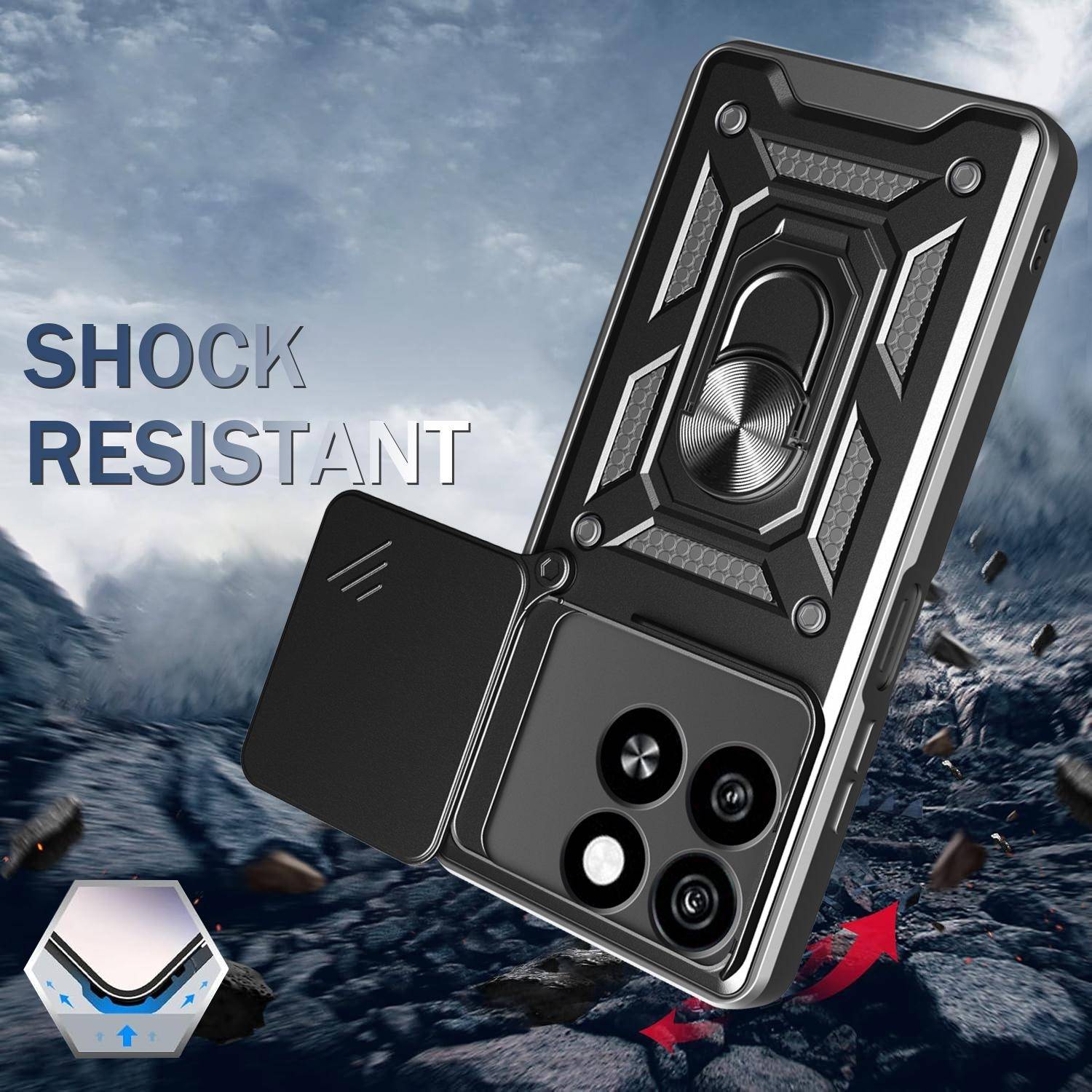 Für ZTE Blade A35 4G / A55 4G Sliding Kamera Hybrid Schutz Hülle Ring Schwarz