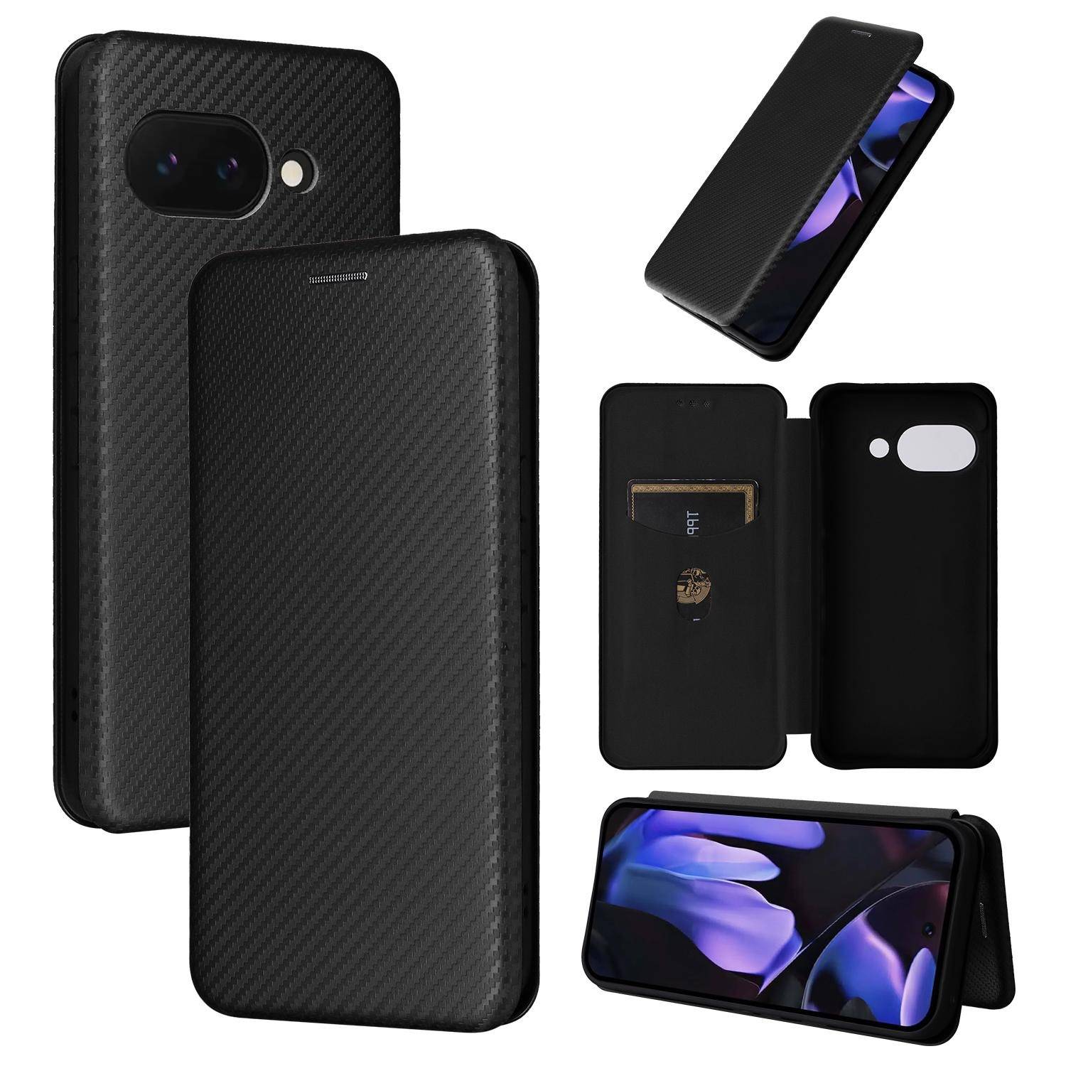 Für Google Pixel 9a Carbon Faser Textur Hybrid Flip Schutz Handy Hülle Schwarz