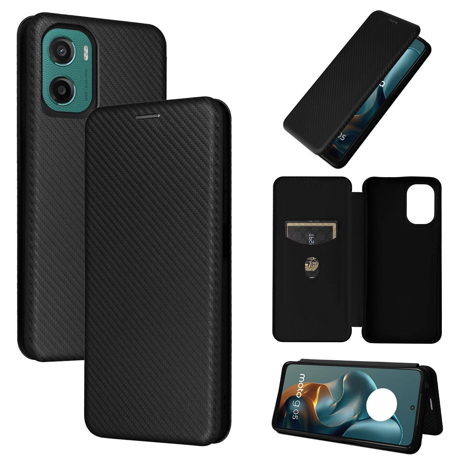 Für Motorola Moto E15 / Moto G05 Carbon Faser Textur Flip Schutz Hülle Schwarz