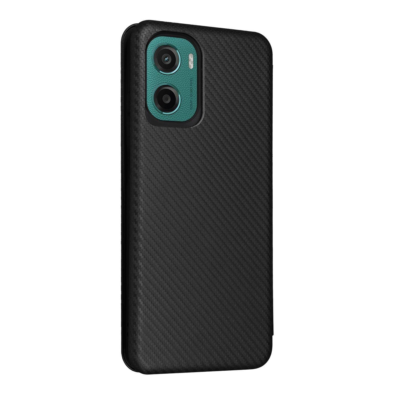 Für Motorola Moto E15 / Moto G05 Carbon Faser Textur Flip Schutz Hülle Schwarz