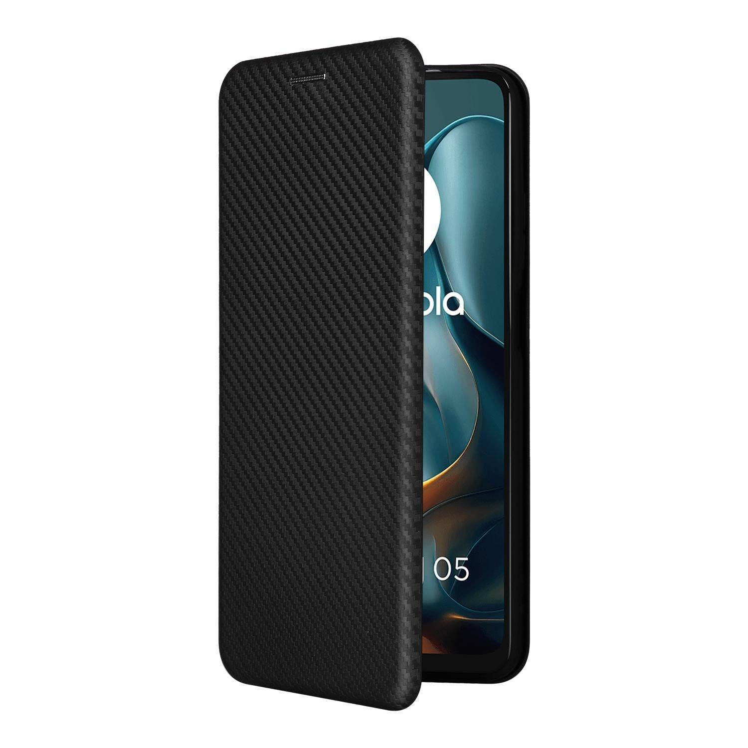 Für Motorola Moto E15 / Moto G05 Carbon Faser Textur Flip Schutz Hülle Schwarz