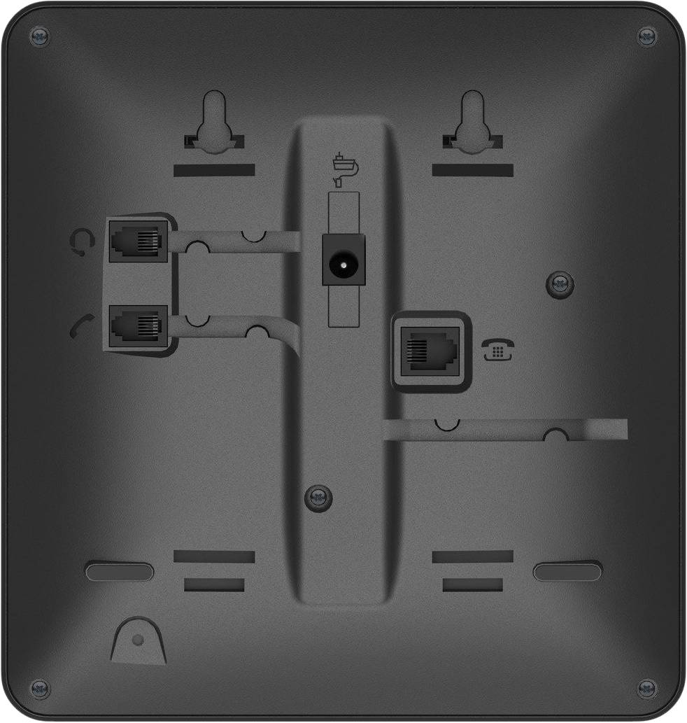 Rückansicht einer Montagehalterung mit mehreren Schlitzen, Bohrungen und Anschlussausschnitten für Netzwerkverbindungen.