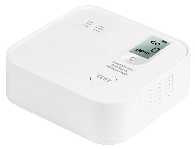 Ein weißer Kohlenmonoxidmelder mit digitaler Anzeige, der „CO 0 ppm