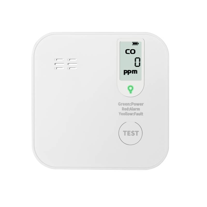 Weiße Kohlenmonoxid-Melder zeigt 0 ppm auf seinem Display an, mit TEST-Taste und Kontrollleuchte.