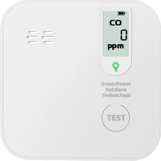 Ein weißer Kohlenmonoxid-Detektor zeigt „CO 0 ppm