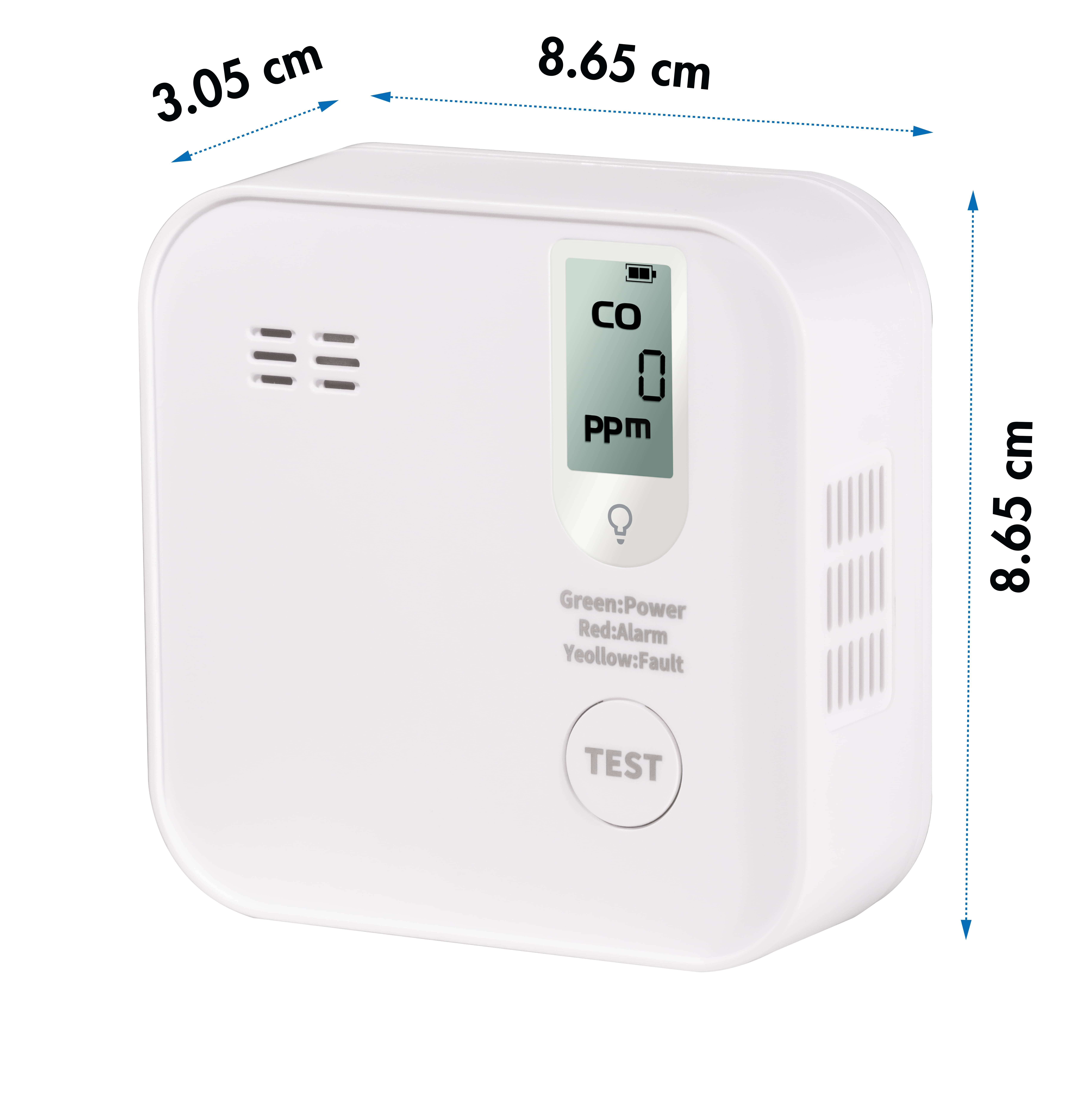 Ein weißer quadratischer Kohlenmonoxidmelder mit den Abmessungen 8,65 cm x 8,65 cm x 3,05 cm zeigt 