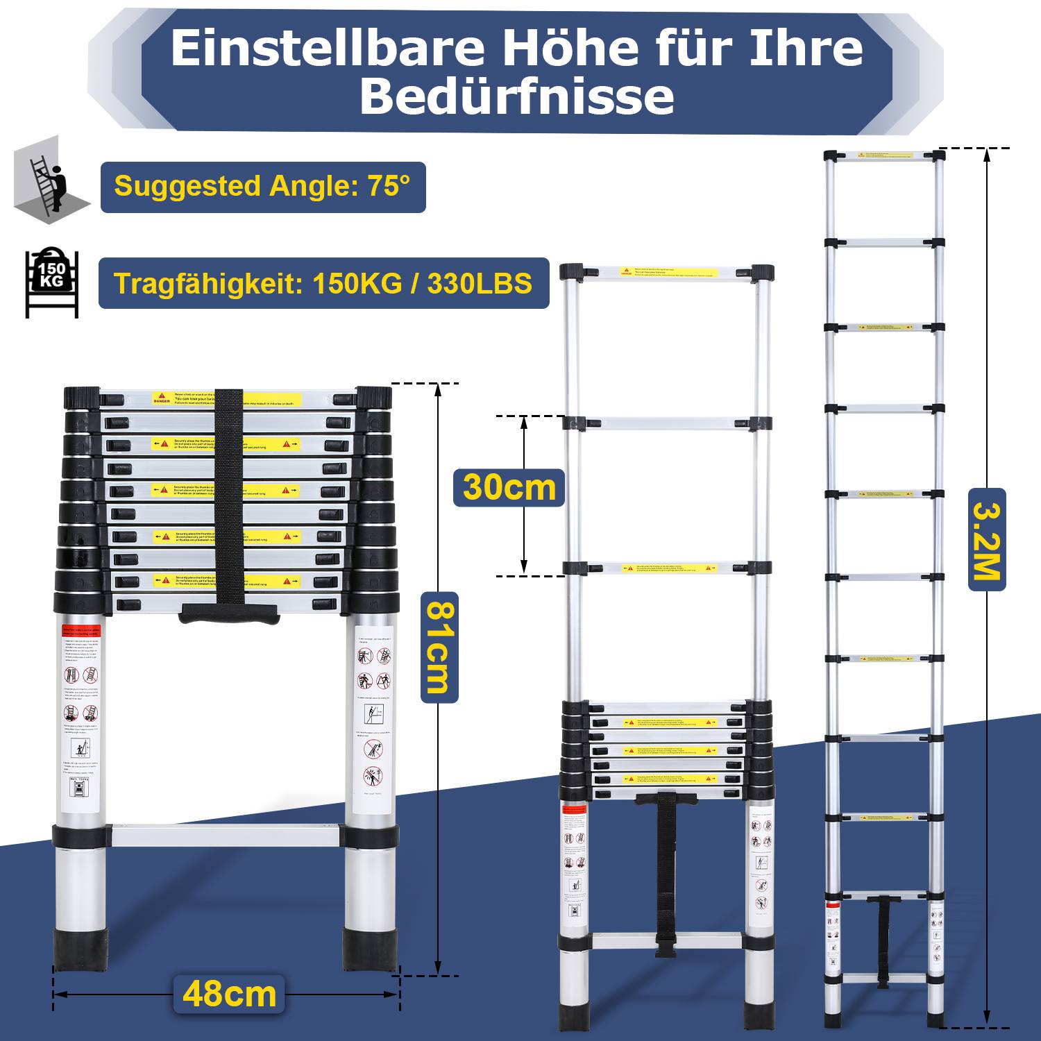 3,2m Silber Teleskopleiter Aluleiter Stehleiter Anlegeleiter Mehrzweckleiter Klappleiter