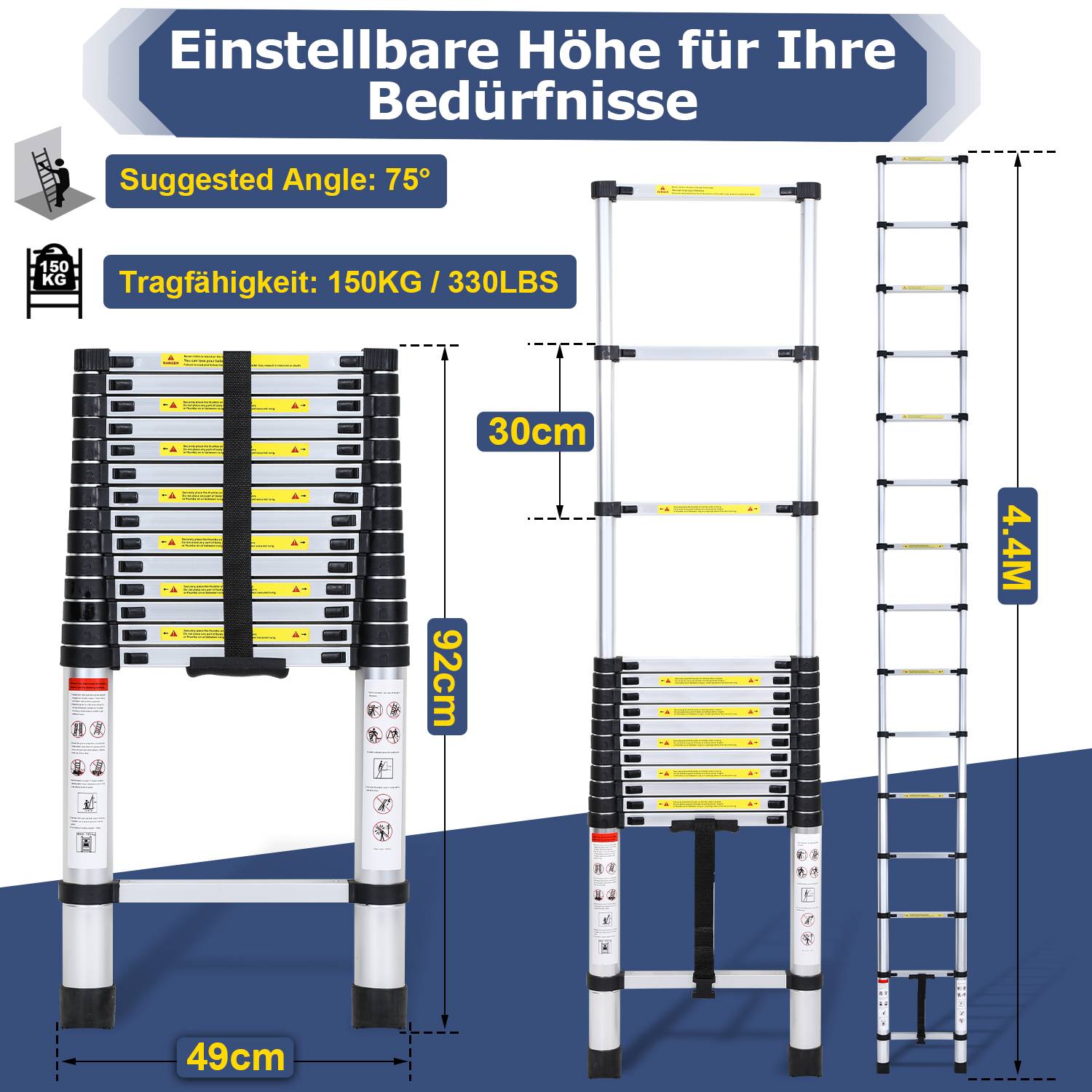 4,4m Silber Teleskopleiter Aluleiter Stehleiter Anlegeleiter Mehrzweckleiter Klappleiter