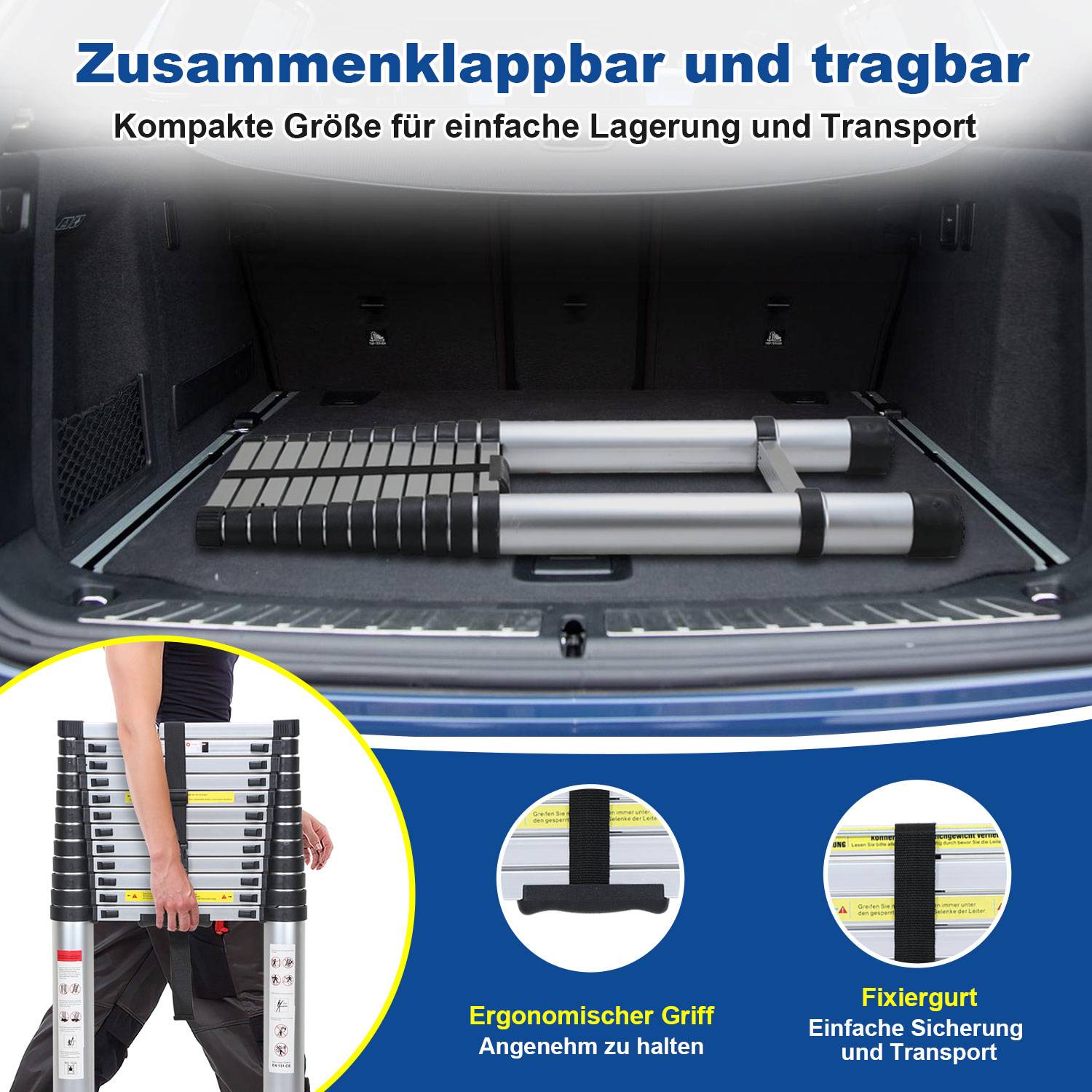 5m Silber Teleskopleiter Aluleiter Stehleiter Anlegeleiter Mehrzweckleiter Klappleiter