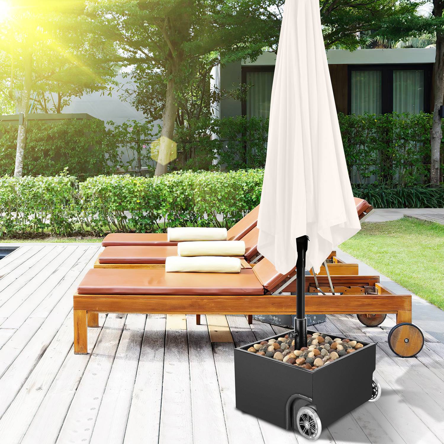 Sonnenschirmständer mit 2 Rollen Schirmgewicht Metall 44.5x44.5x27cm für Garten Terrasse bis 150lbs