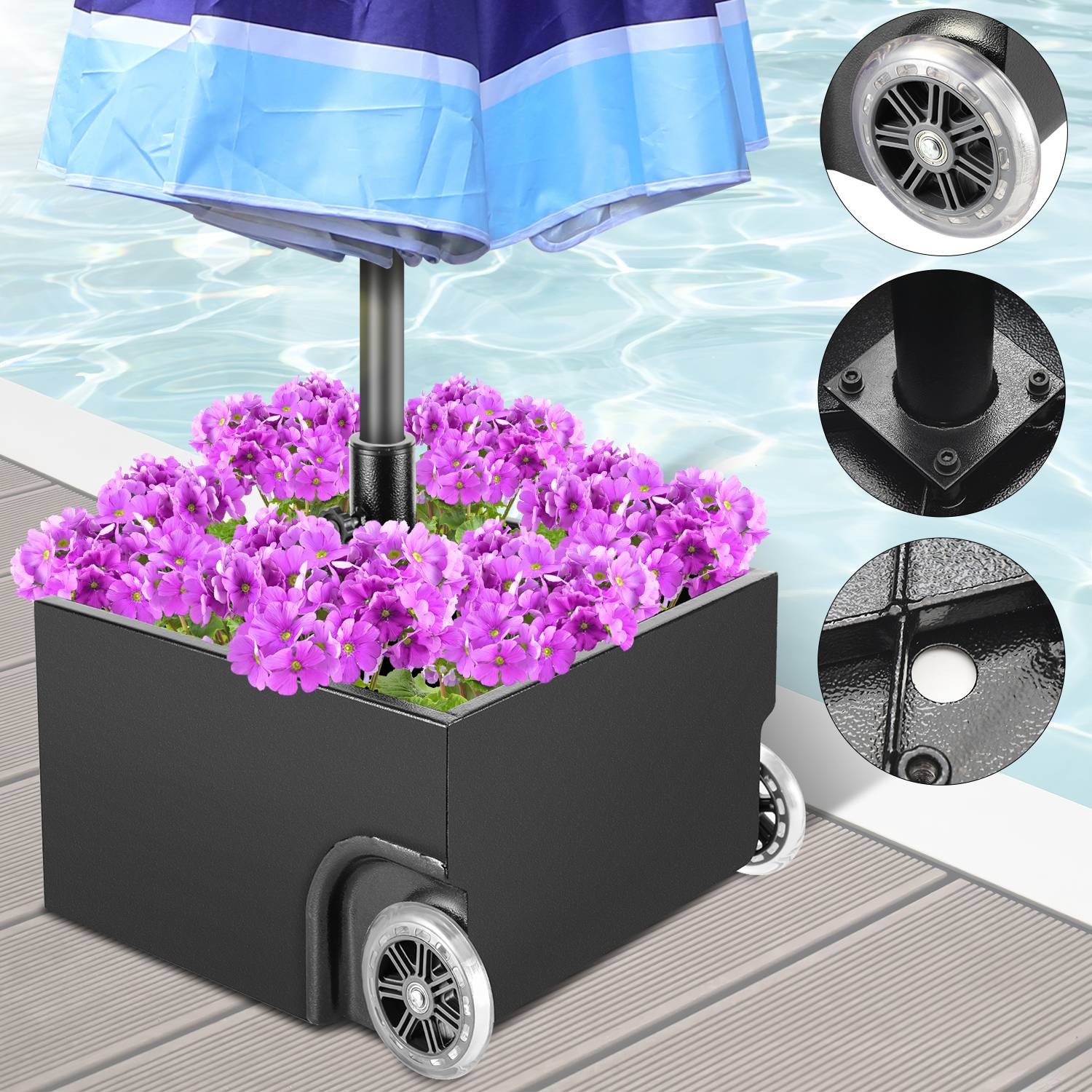 Sonnenschirmständer mit 2 Rollen Schirmgewicht Metall 44.5x44.5x27cm für Garten Terrasse bis 150lbs
