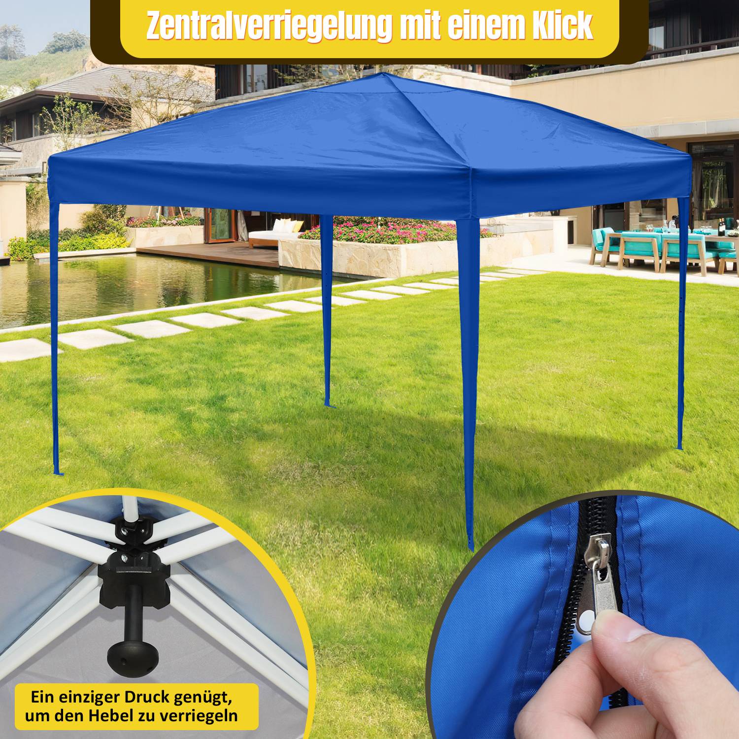 Faltpavillon Pavillons & Partyzelte 3x3m, Festzelt Gartenzelt für Garten Terrasse Feier Party, Wasserdich ohn Seiten Blau