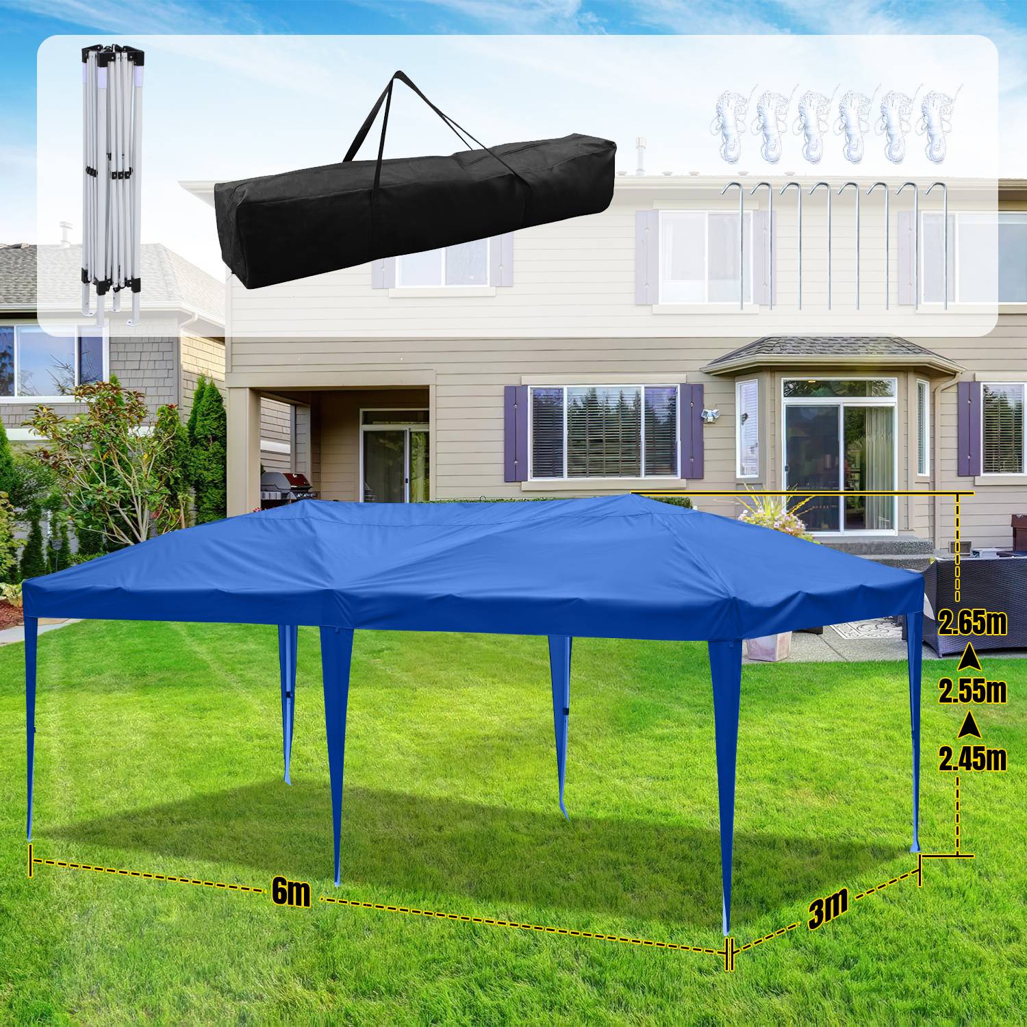 Faltpavillon Pavillons & Partyzelte 3x6m, Festzelt Gartenzelt für Garten Terrasse Feier Party, Wasserdich ohn Seiten Blau