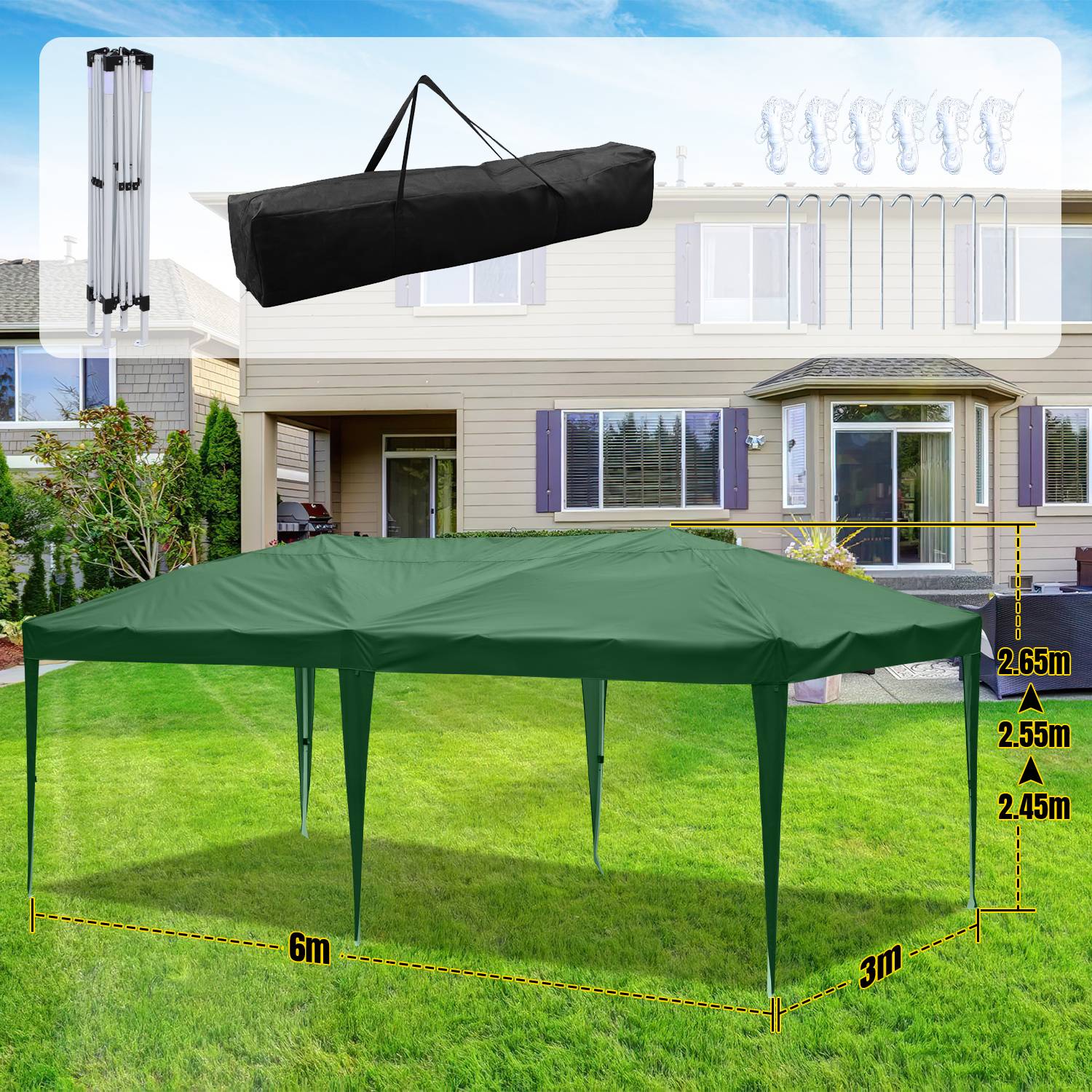 Pavillon 3 x 6m Pop Up Faltpavillon Faltbar Gartenzelt, UV-Schutz 50+ Pavillons Partyzelte Festzelt für Camping / Garten / Hochzeit / Strand, ohn