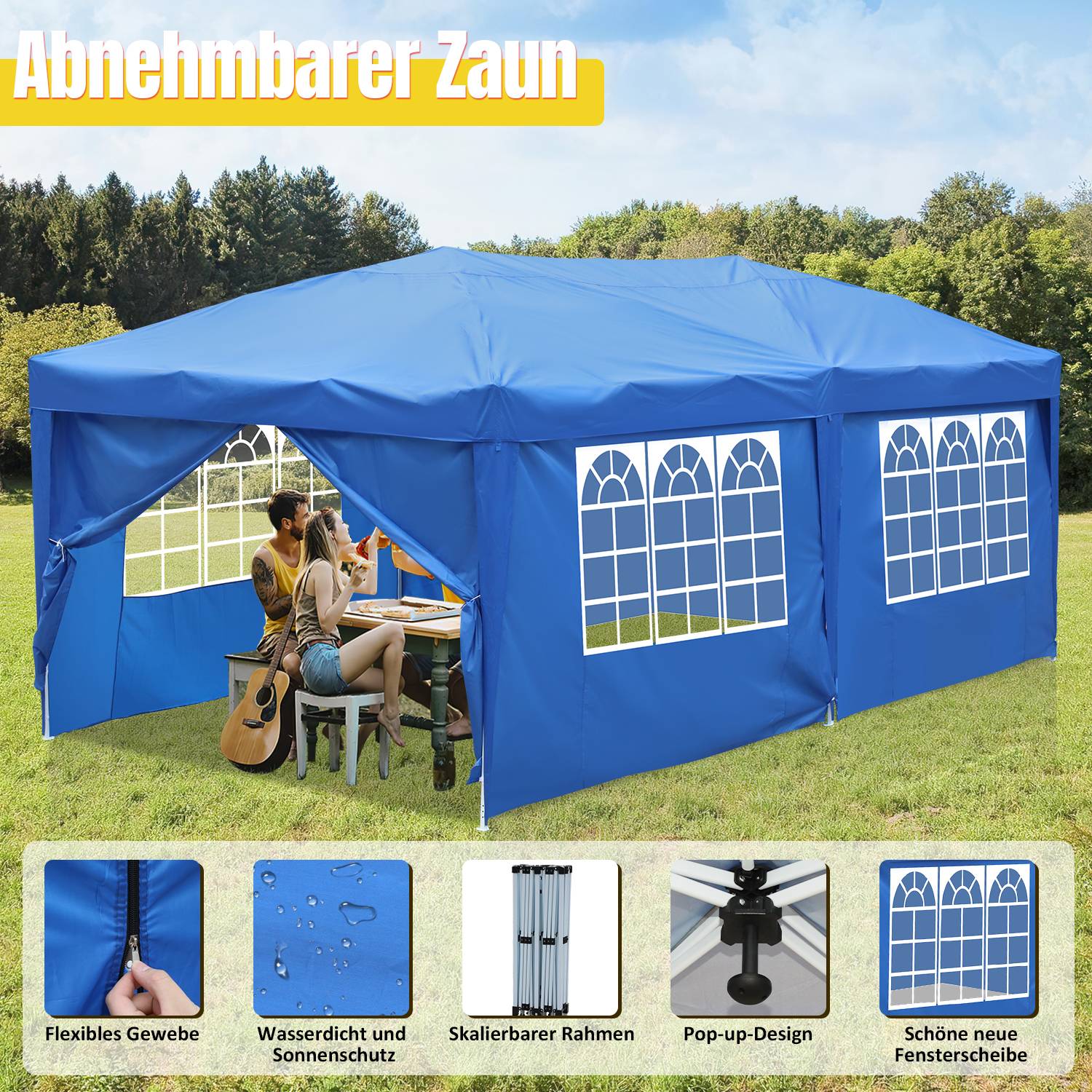 Faltpavillon Pavillons & Partyzelte 3x6m, Festzelt Gartenzelt für Garten Terrasse Feier Party, Wasserdich mit Fenstern, mit 4 Seiten Blau