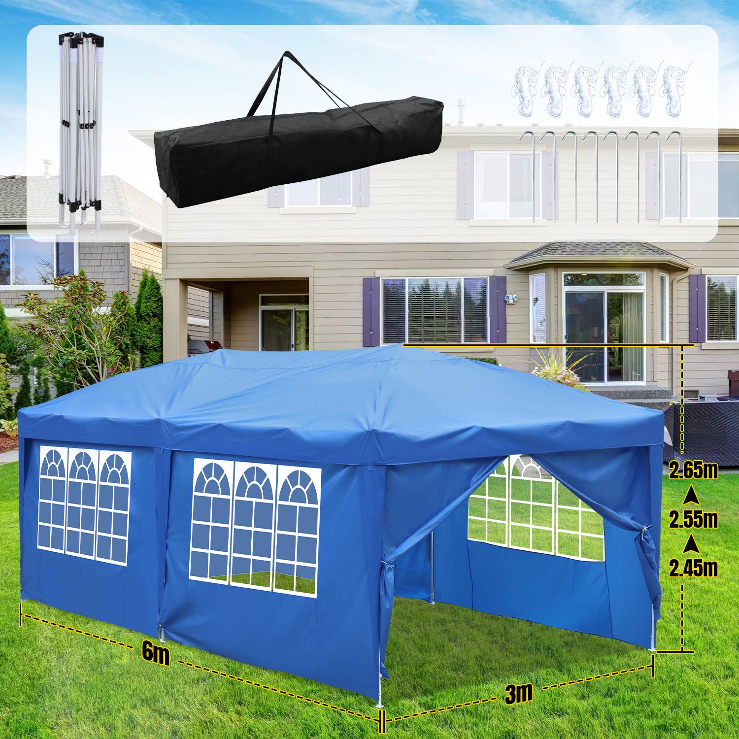 Faltpavillon Pavillons & Partyzelte 3x6m, Festzelt Gartenzelt für Garten Terrasse Feier Party, Wasserdich mit Fenstern, mit 4 Seiten Blau