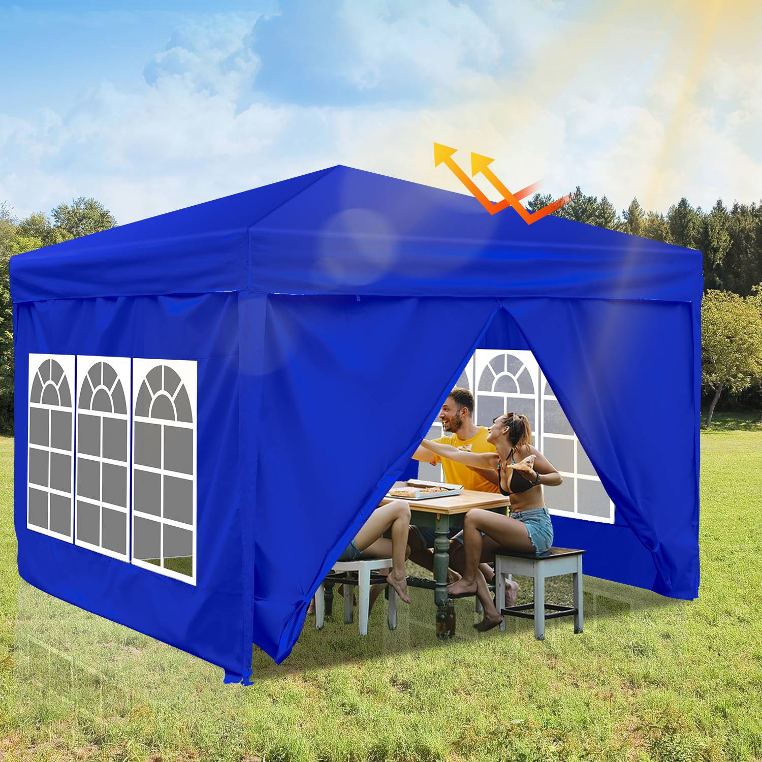 Pavillon 3x3m, Festzelt Faltpavillon Gartenzelt, UV-Schutz, mit Seitenteilen für Garten Terrasse Feier Party Blau