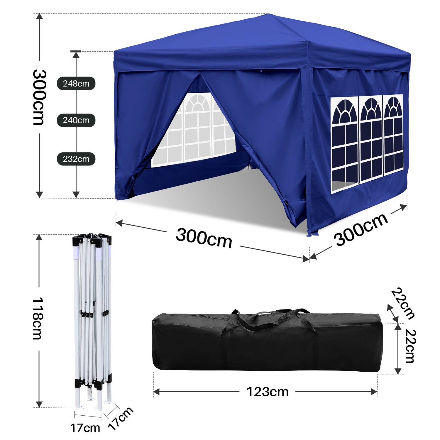 Pavillon 3x3m, Festzelt Faltpavillon Gartenzelt, UV-Schutz, mit Seitenteilen für Garten Terrasse Feier Party Blau