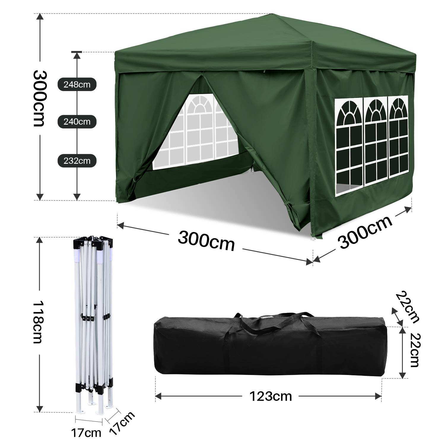 Faltpavillon Pavillon, Pavillon mit 4 Seitenwänden, Partyzelte mit UV-Schutz, Faltpavillon 3x3m mit 4 Seiten Grün