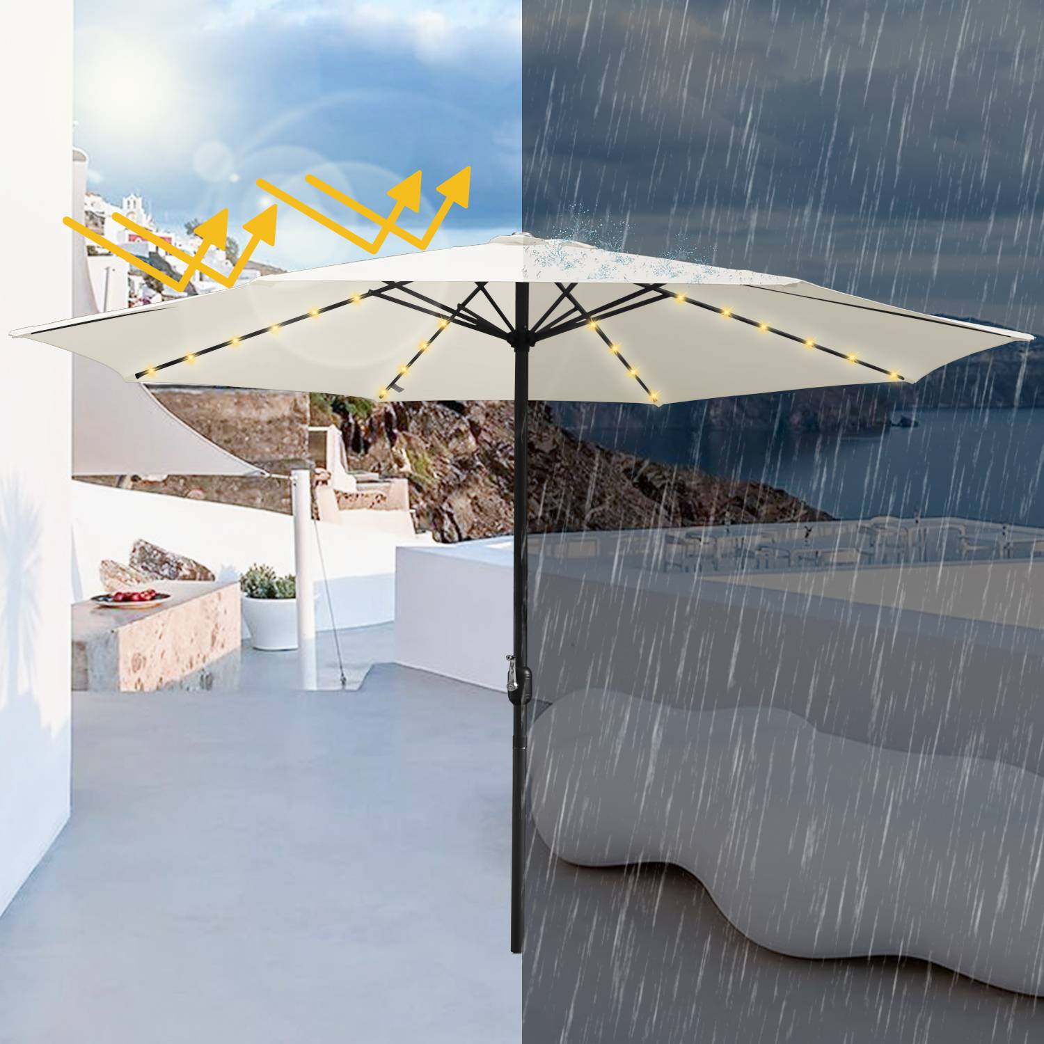 Sonnenschirm Rund,Kurbel Knickbar Eisen Balkonschirm Marktschirm,LED,350cm,Beige