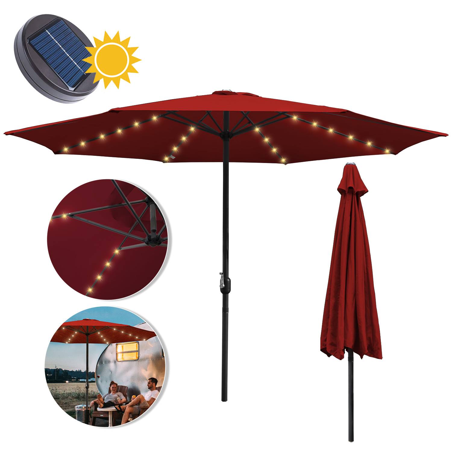 Sonnenschirm Rund,Kurbel Knickbar Eisen Balkonschirm Marktschirm,LED,350cm,Rot