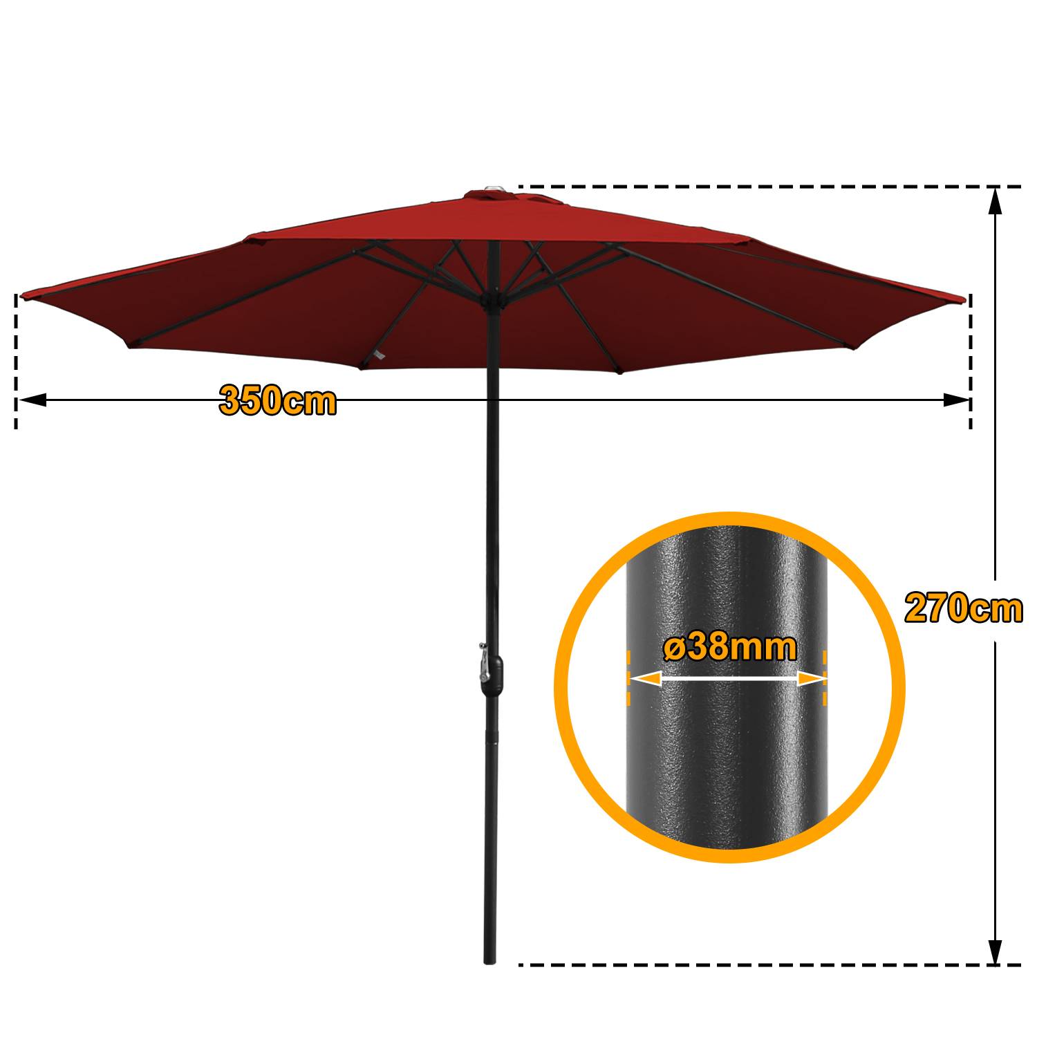 Sonnenschirm Ø350cm inkl. LED Gartenschirm 360° drehbar Terrassenschirm Ampelschirm Marktschirm Strandschirm - mit LED - Rot