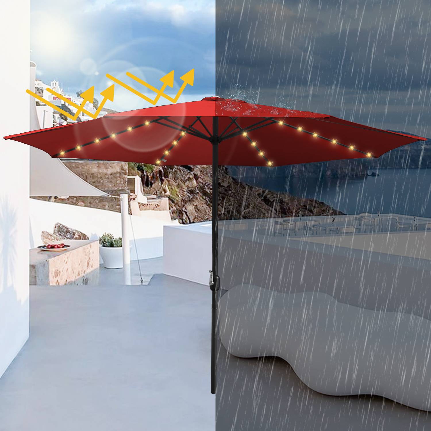 Sonnenschirm Rund,Kurbel Knickbar Eisen Balkonschirm Marktschirm,LED,350cm,Rot