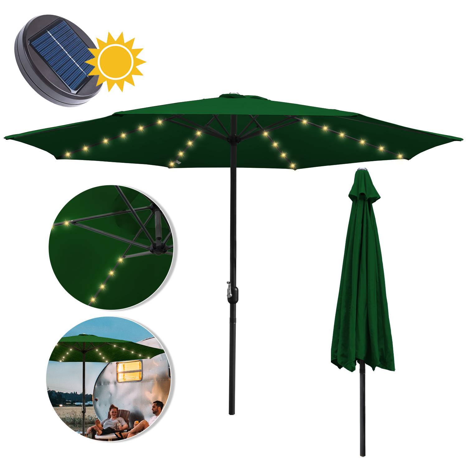 Sonnenschirm Rund,Kurbel Knickbar Eisen Balkonschirm Marktschirm,LED,350cm,Grün