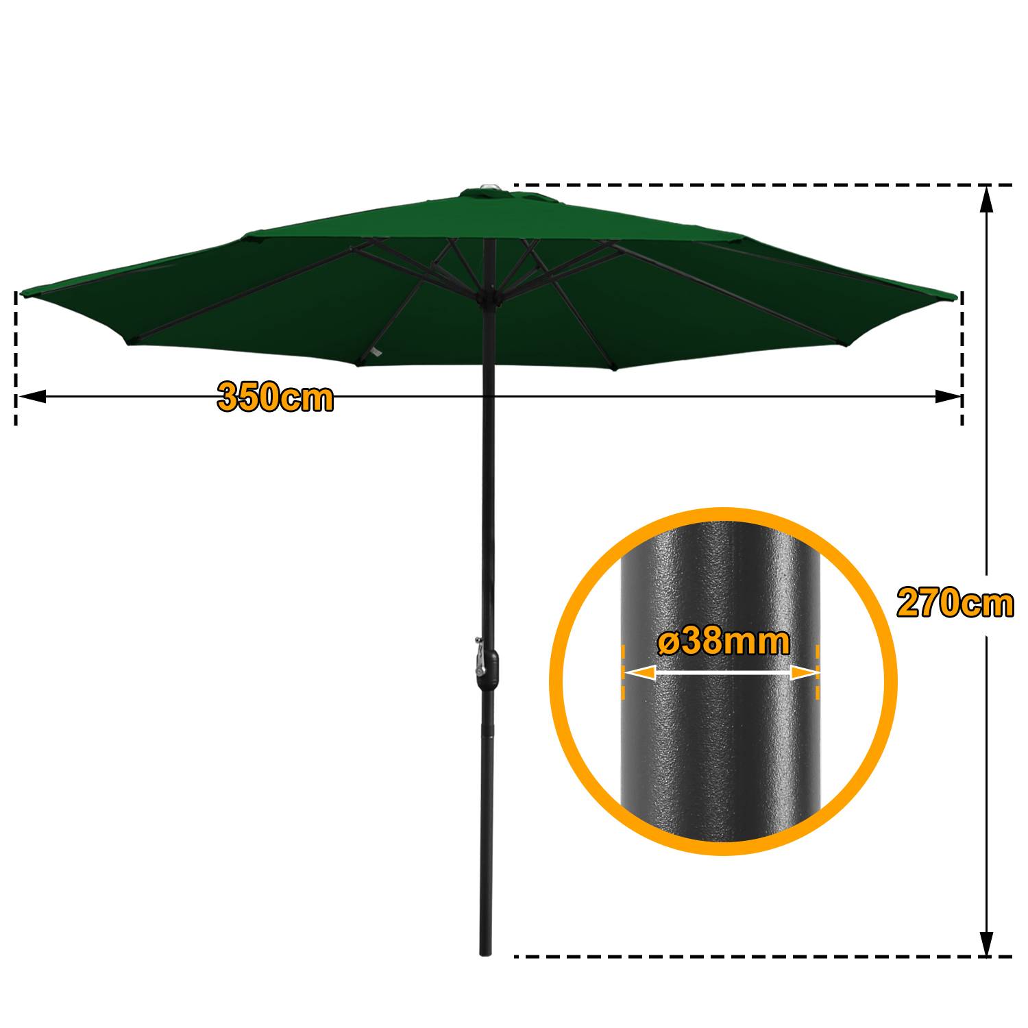 Sonnenschirm Rund,Kurbel Knickbar Eisen Balkonschirm Marktschirm,LED,350cm,Grün