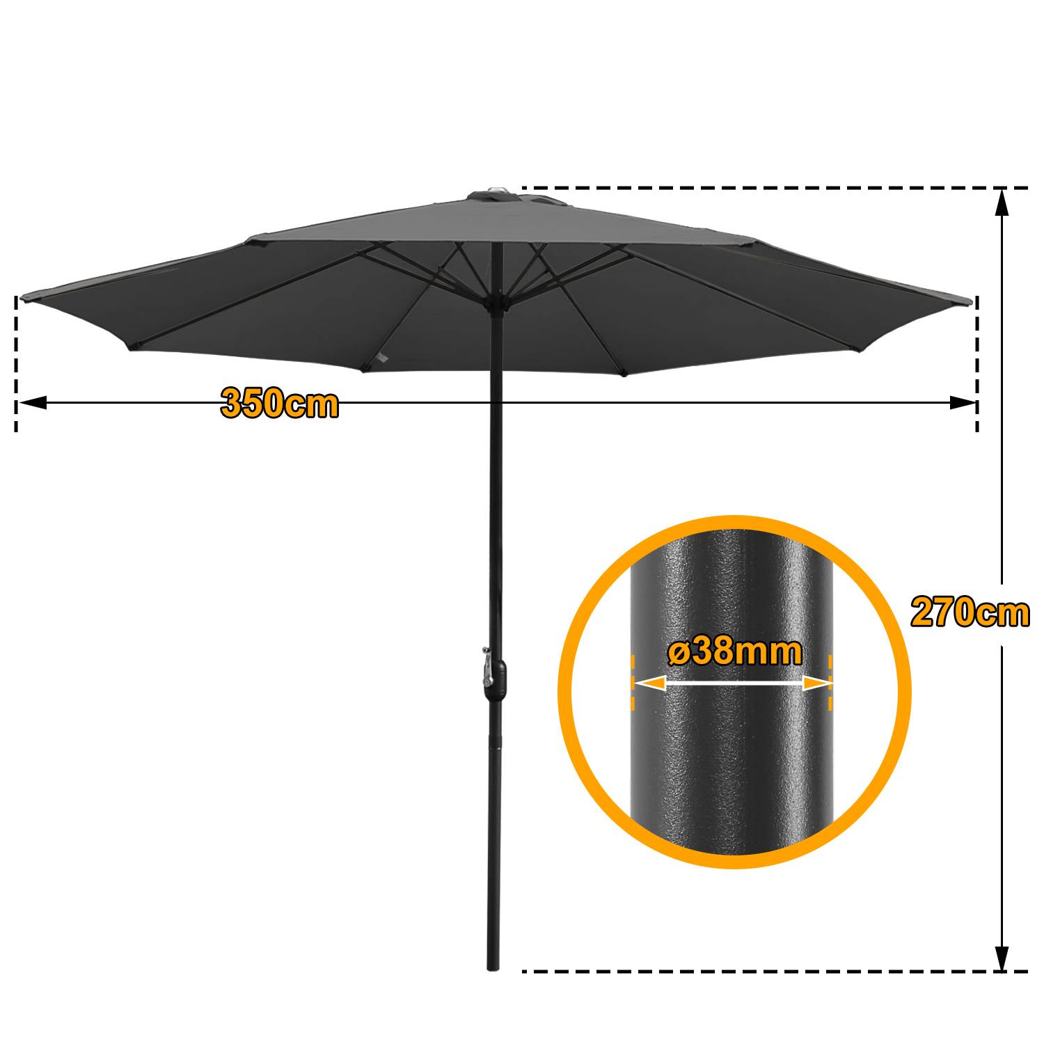 Sonnenschirm Ø350cm inkl. LED Gartenschirm 360° drehbar Terrassenschirm Ampelschirm Marktschirm Strandschirm - mit LED - Grau