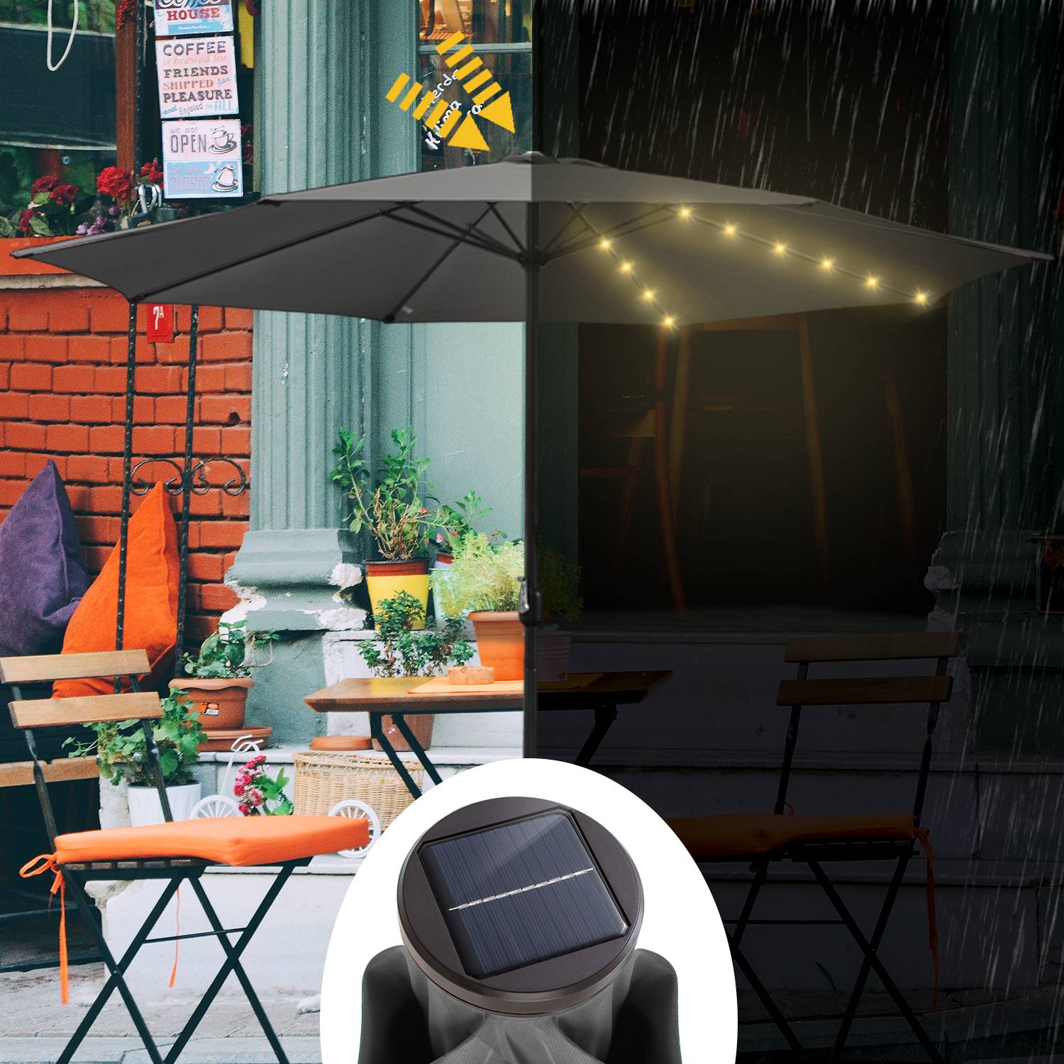 Sonnenschirm Rund,Kurbel Knickbar Eisen Balkonschirm Marktschirm,LED,350cm,Grau