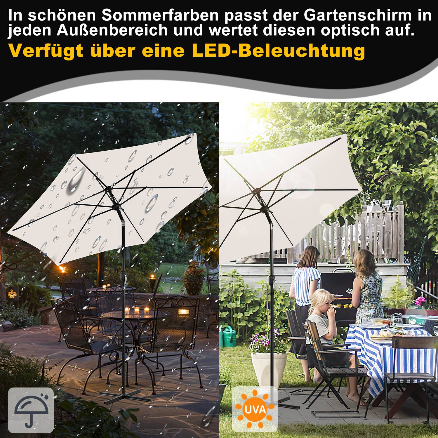 Sonnenschirm Ø2.7m inkl. LED Gartenschirm 360° drehbar Terrassenschirm Ampelschirm Marktschirm Strandschirm - mit LED - Beige