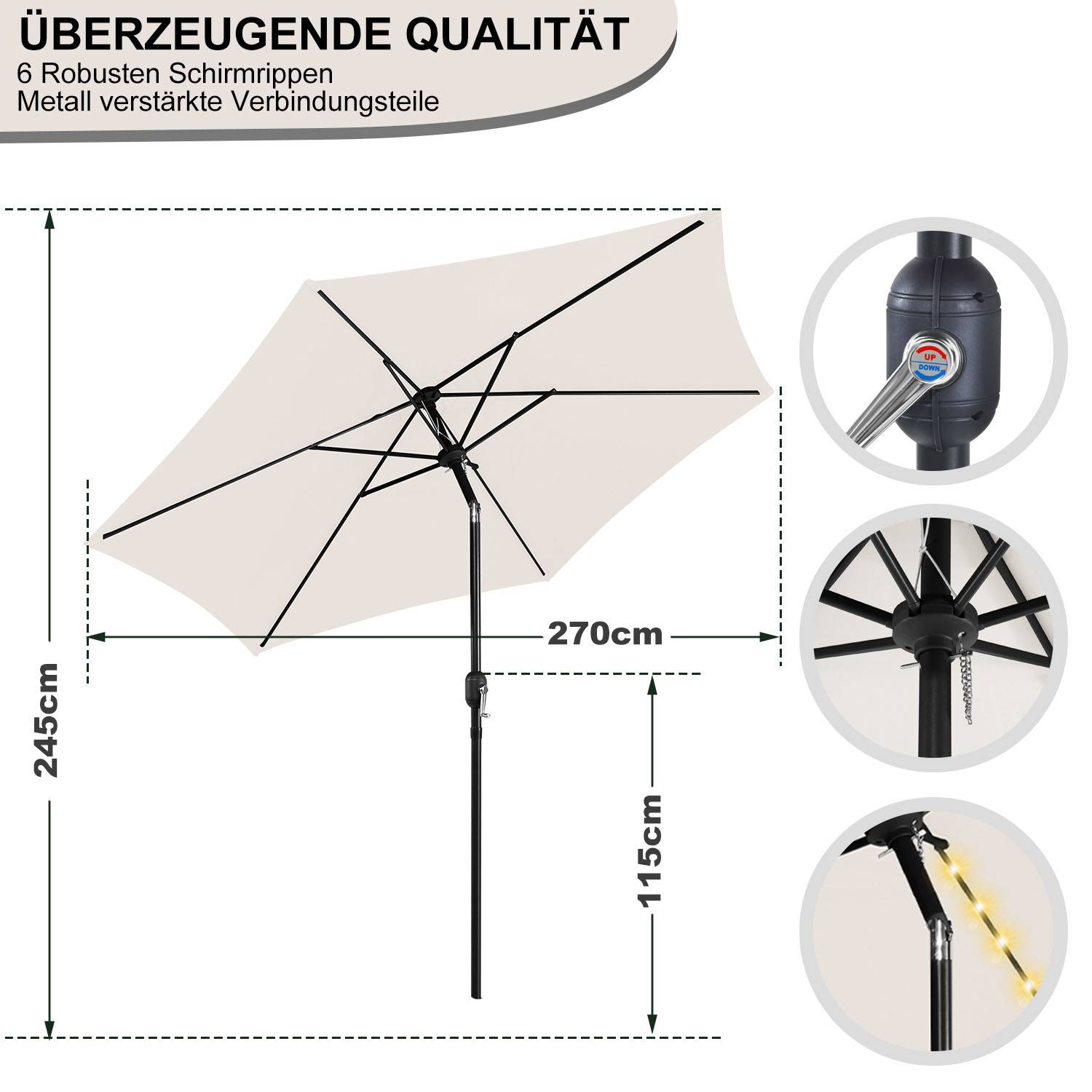 Sonnenschirm Ø2.7m inkl. LED Gartenschirm 360° drehbar Terrassenschirm Ampelschirm Marktschirm Strandschirm - mit LED - Beige