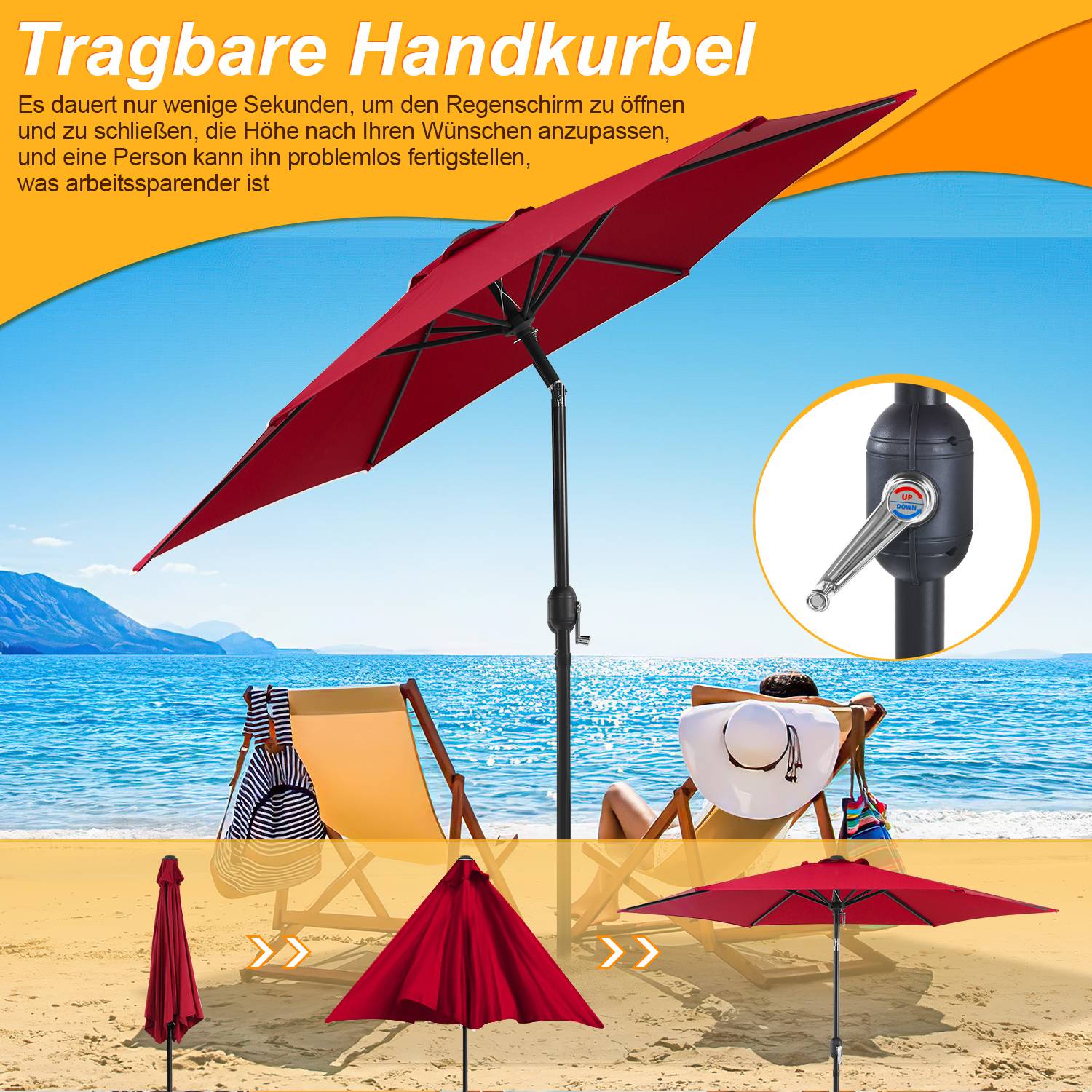 Sonnenschirm Rund,Kurbel Knickbar Eisen Balkonschirm Marktschirm,neigbar,LED,270cm,Rot